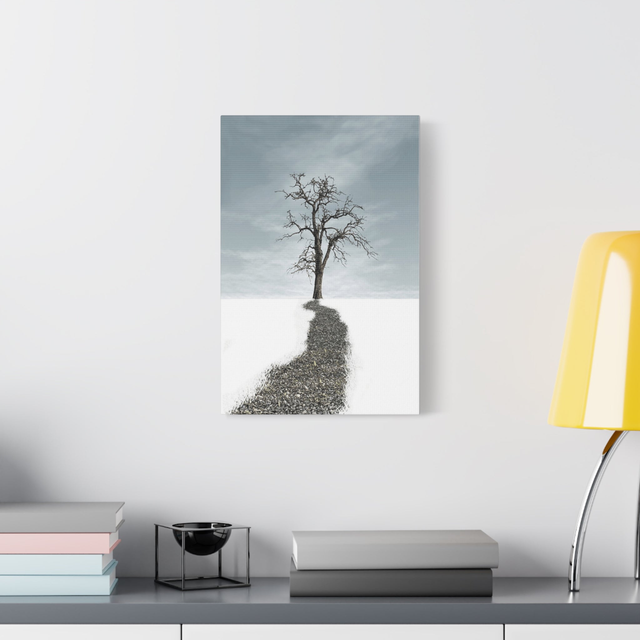 Solitary Tree Path Canvas Print — Minimalist Winter Landscape Wall Art 