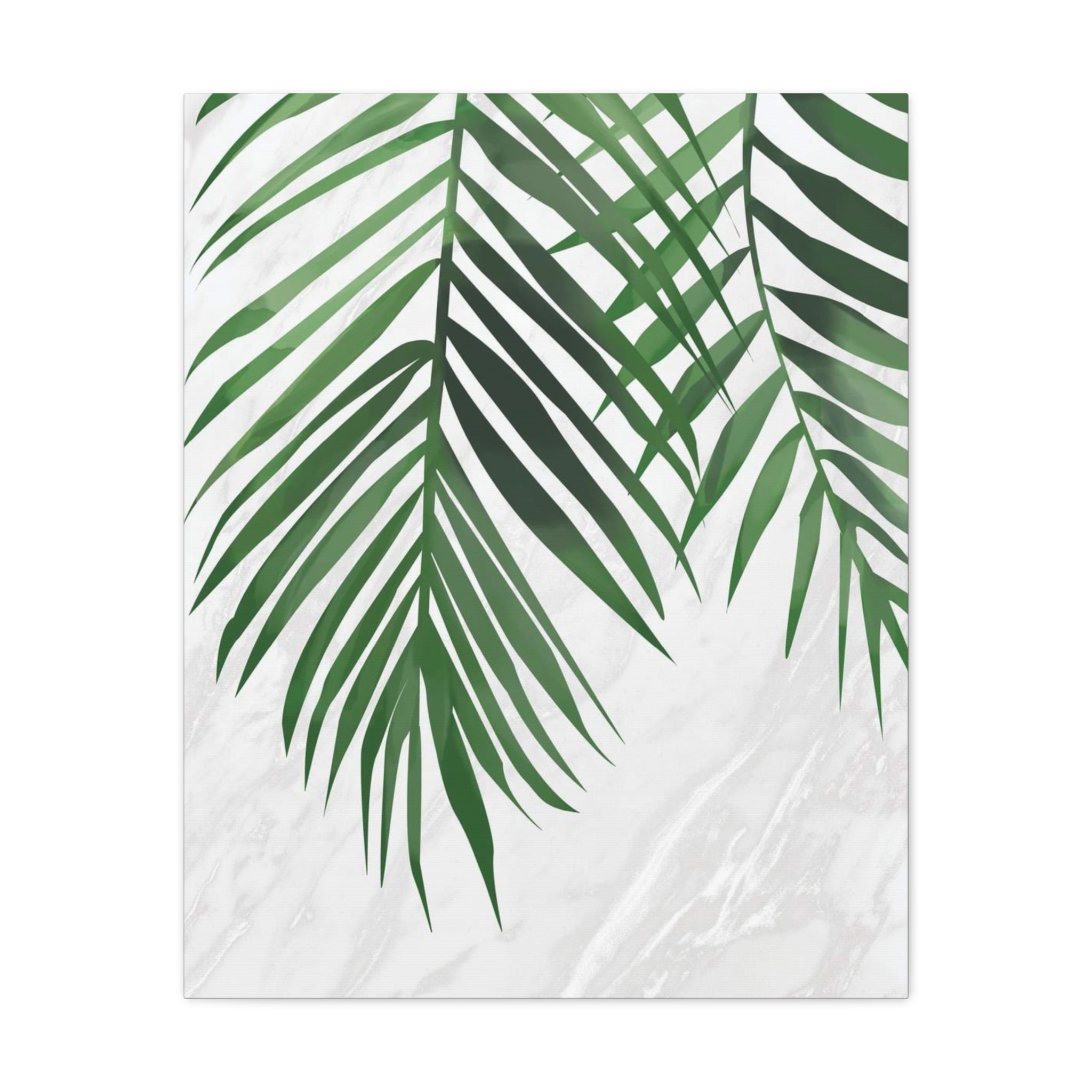 Tropical Palm Leaf Canvas Wall Art — Green Palm Fronds on Marble Matte Canvas 