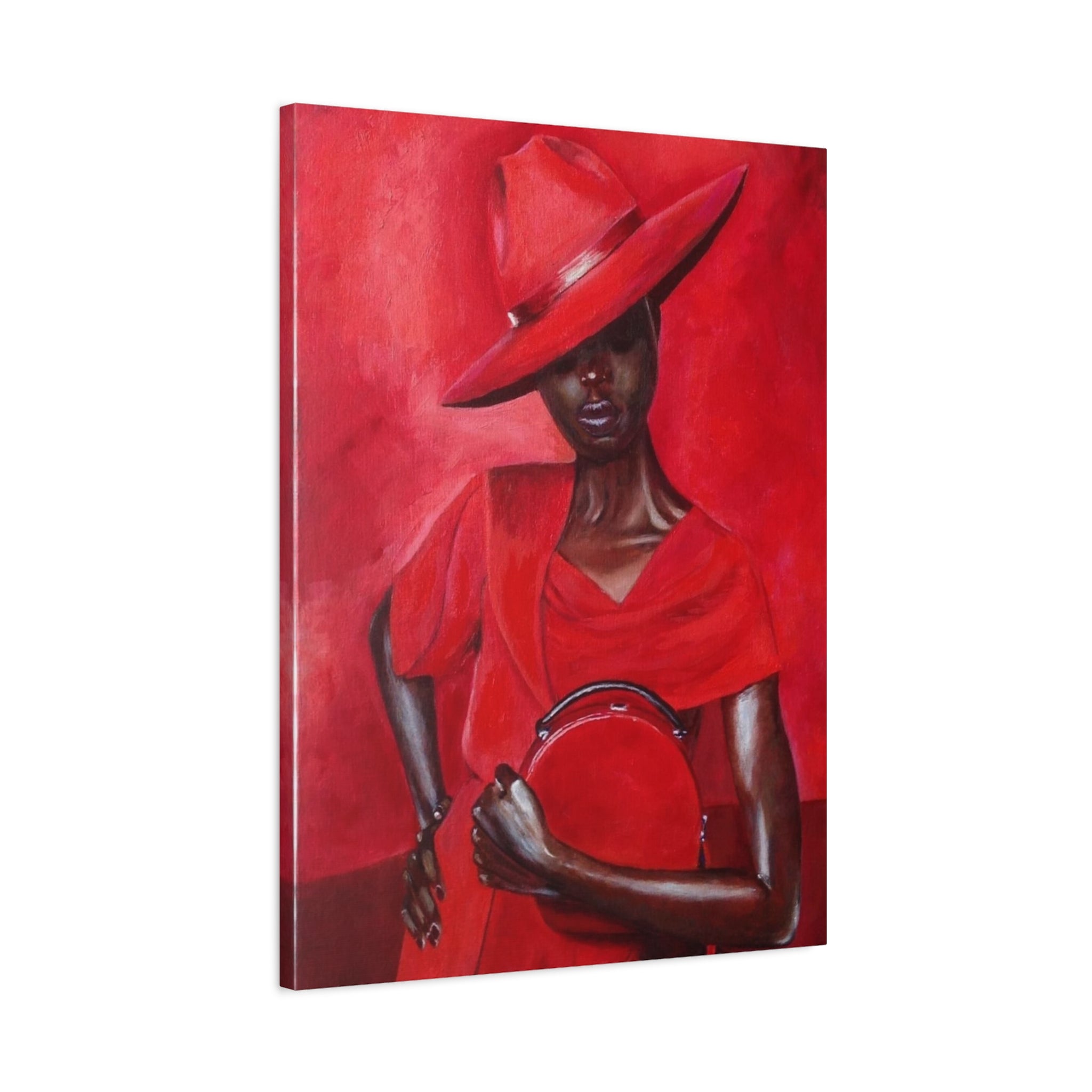 Elegant Red Hat Lady Canvas Print — Fashion Portrait Matte Stretched Wall Art 