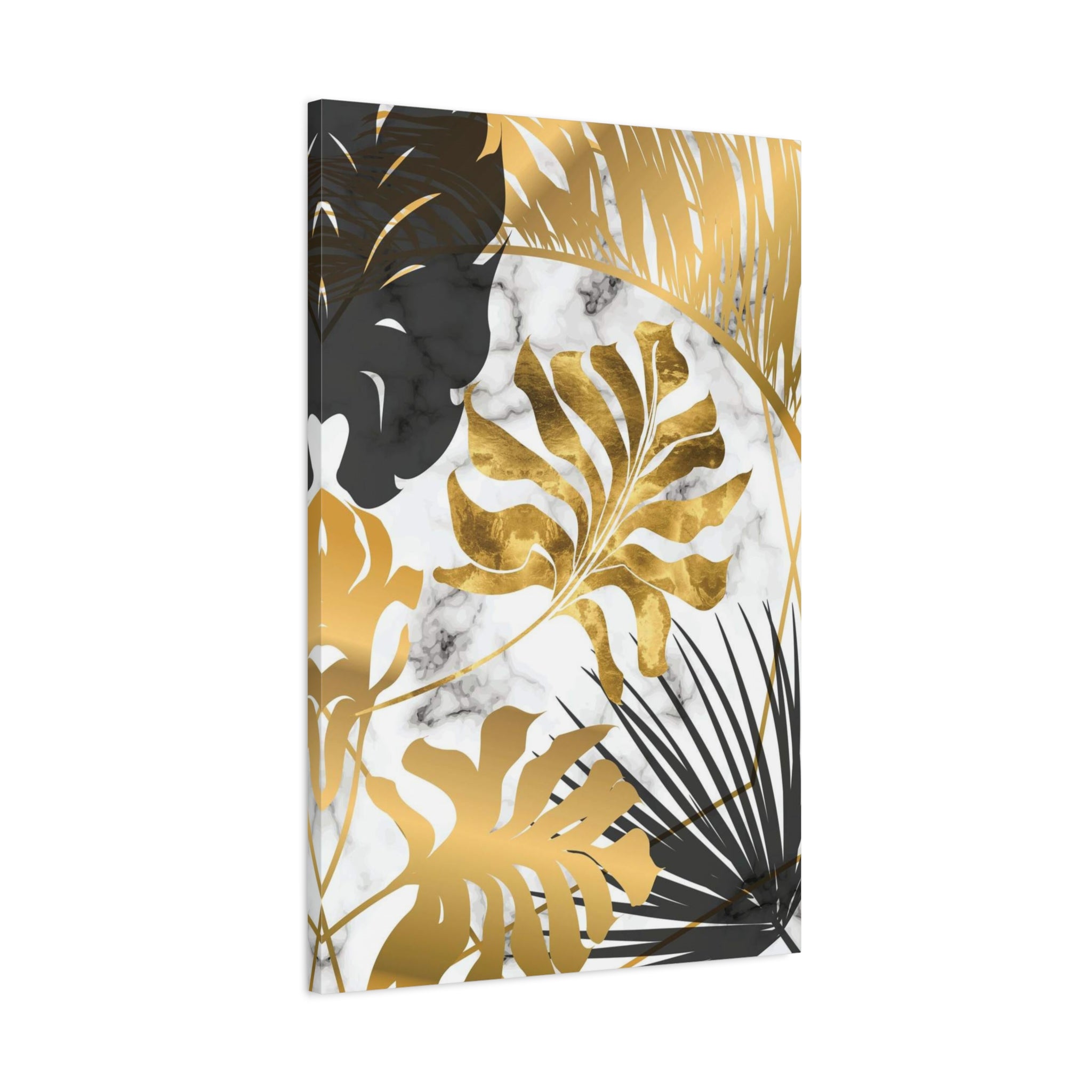 Gold & Black Tropical Leaves Canvas Wall Art — Modern Marble Botanical Print 
