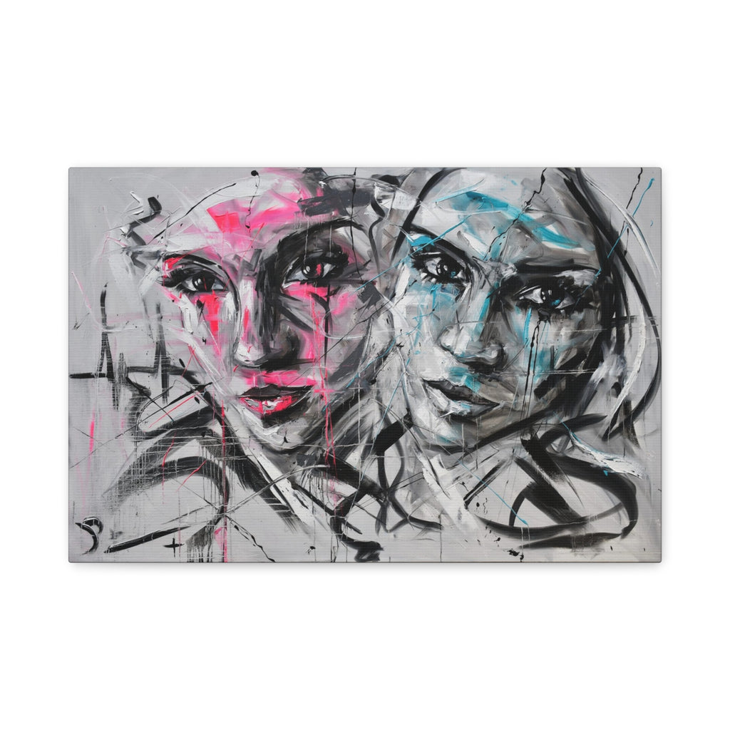 Abstract Duo Faces Matte Canvas Print — Contemporary Pink & Teal Portrait Wall Art 
