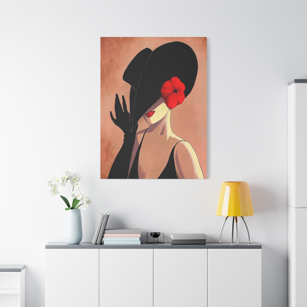 Elegant Lady with Black Hat Canvas Art — Red Flower Portrait 