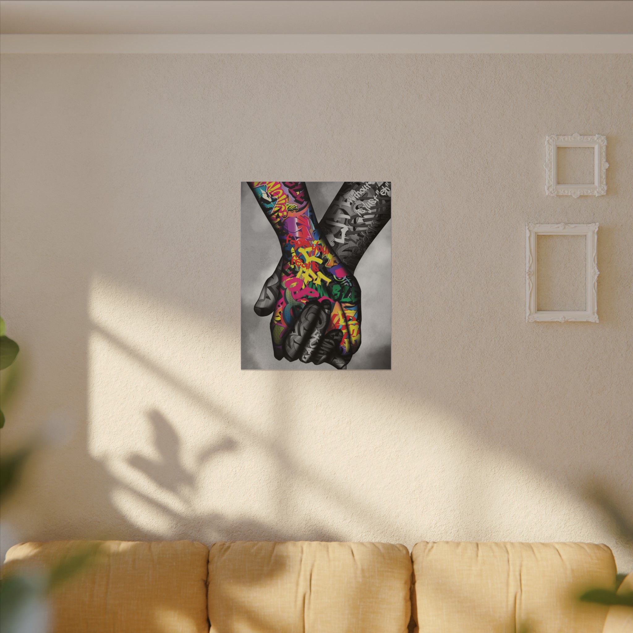 Graffiti Hands Canvas Print — Colorful Holding Hands Wall Art 