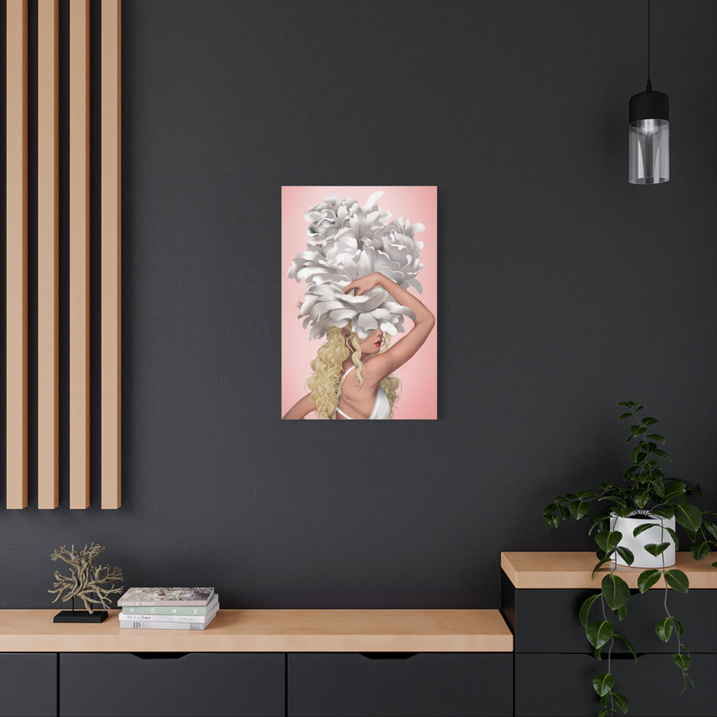 Blushing Muse Floral Canvas Print — Woman with Oversized White Peony Hat