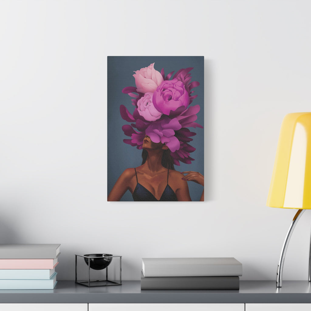 Floral Portrait Canvas Print — Woman with Oversized Pink Peony Hat (Matte Stretched) 
