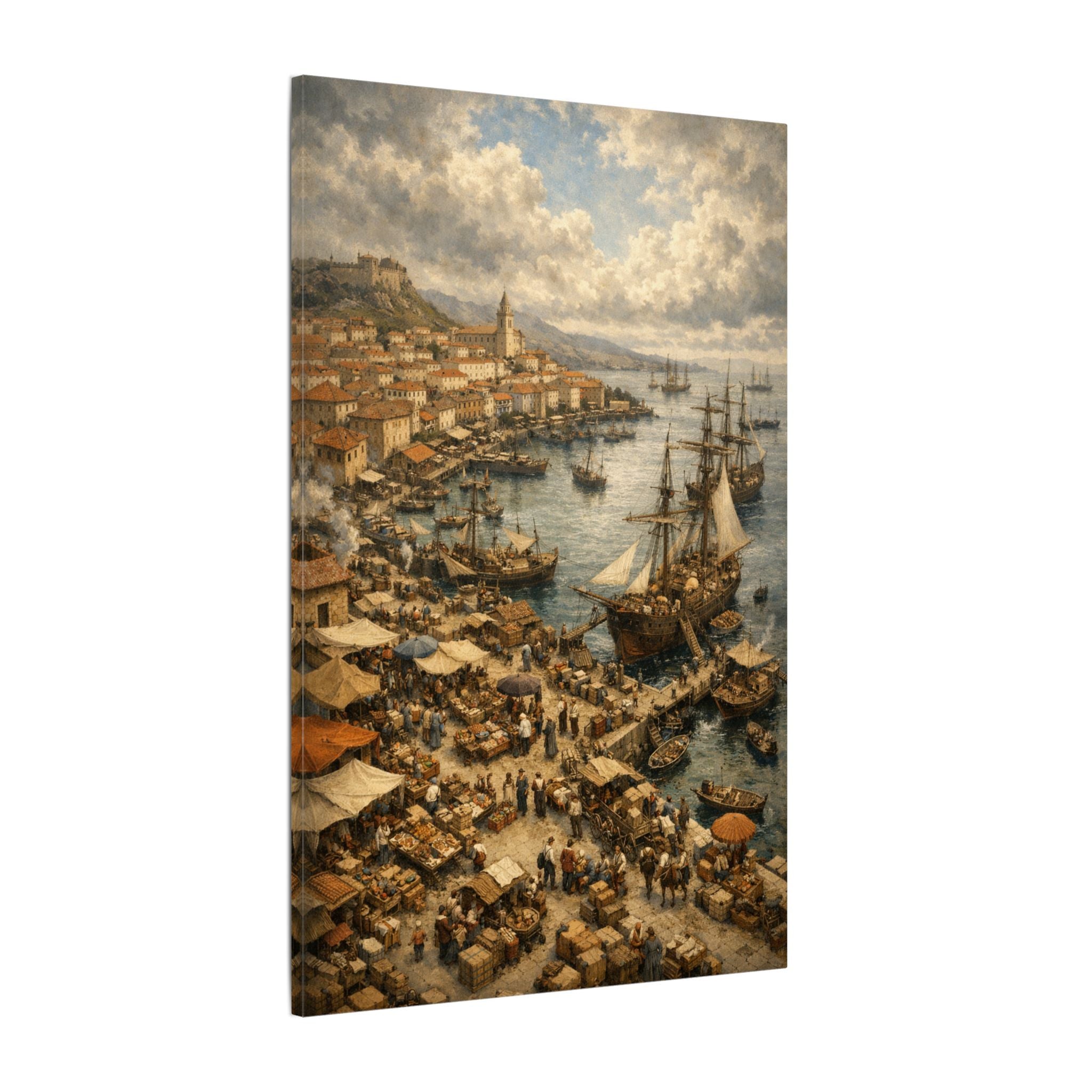 Seaside Harbor Market Matte Canvas Print — Vintage Coastal Wall Art 