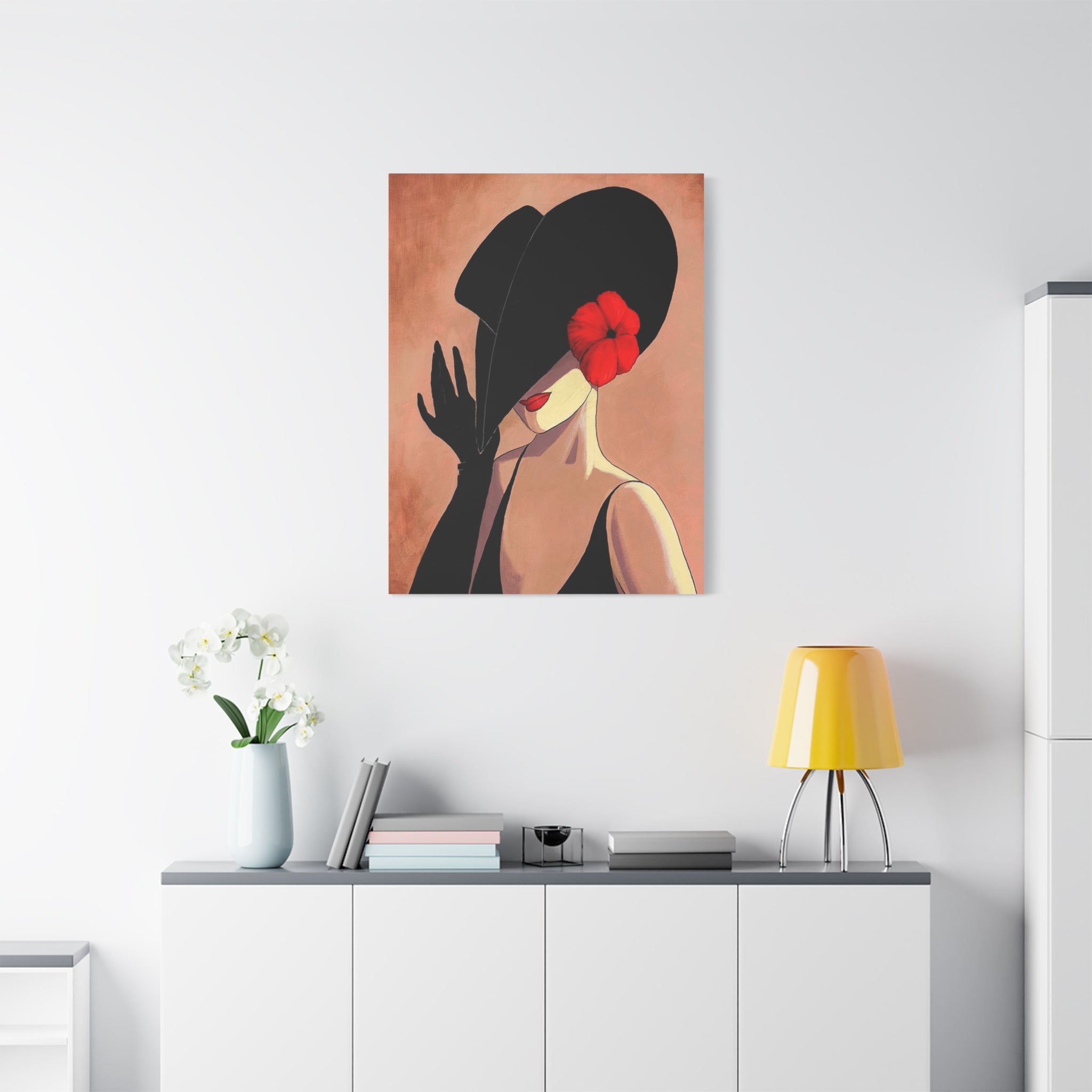 Elegant Lady with Black Hat Canvas Art — Red Flower Portrait 