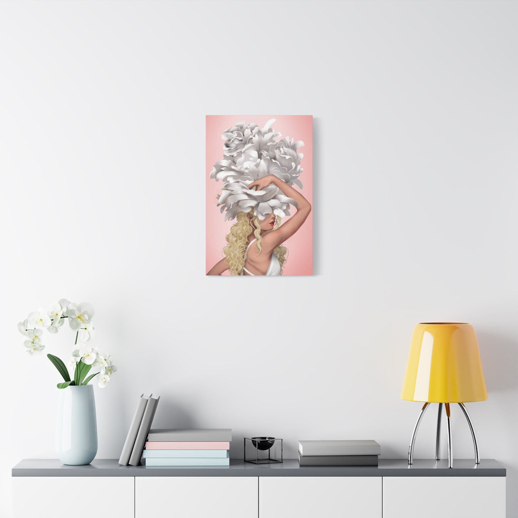 Blushing Muse Floral Canvas Print — Woman with Oversized White Peony Hat