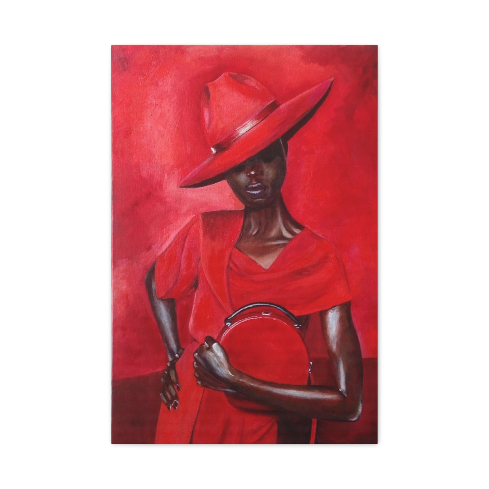 Elegant Red Hat Lady Canvas Print — Fashion Portrait Matte Stretched Wall Art 