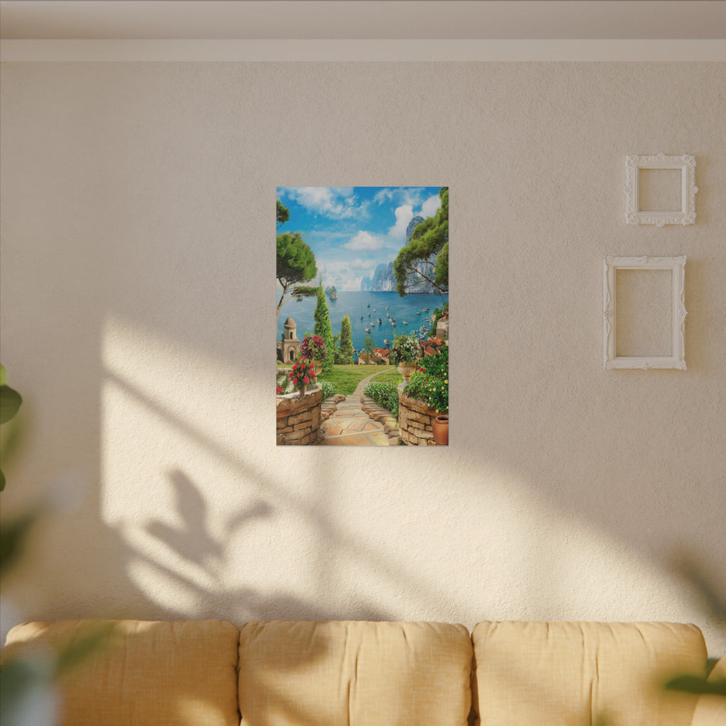 Canvas Wall Art - Mediterranean Seaside Pathway Painting (Matte Stretched Canvas)