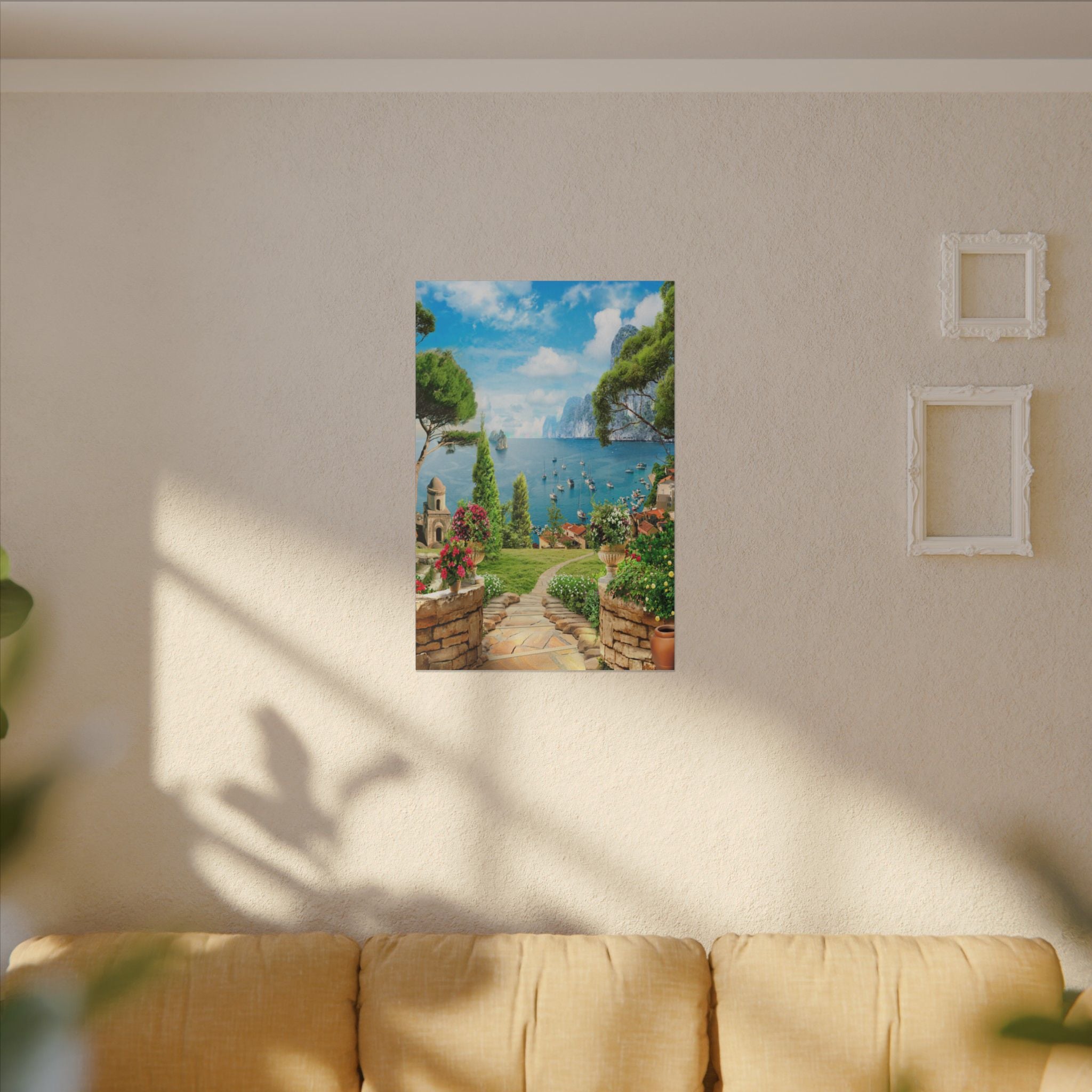 Canvas Wall Art - Mediterranean Seaside Pathway Painting (Matte Stretched Canvas)