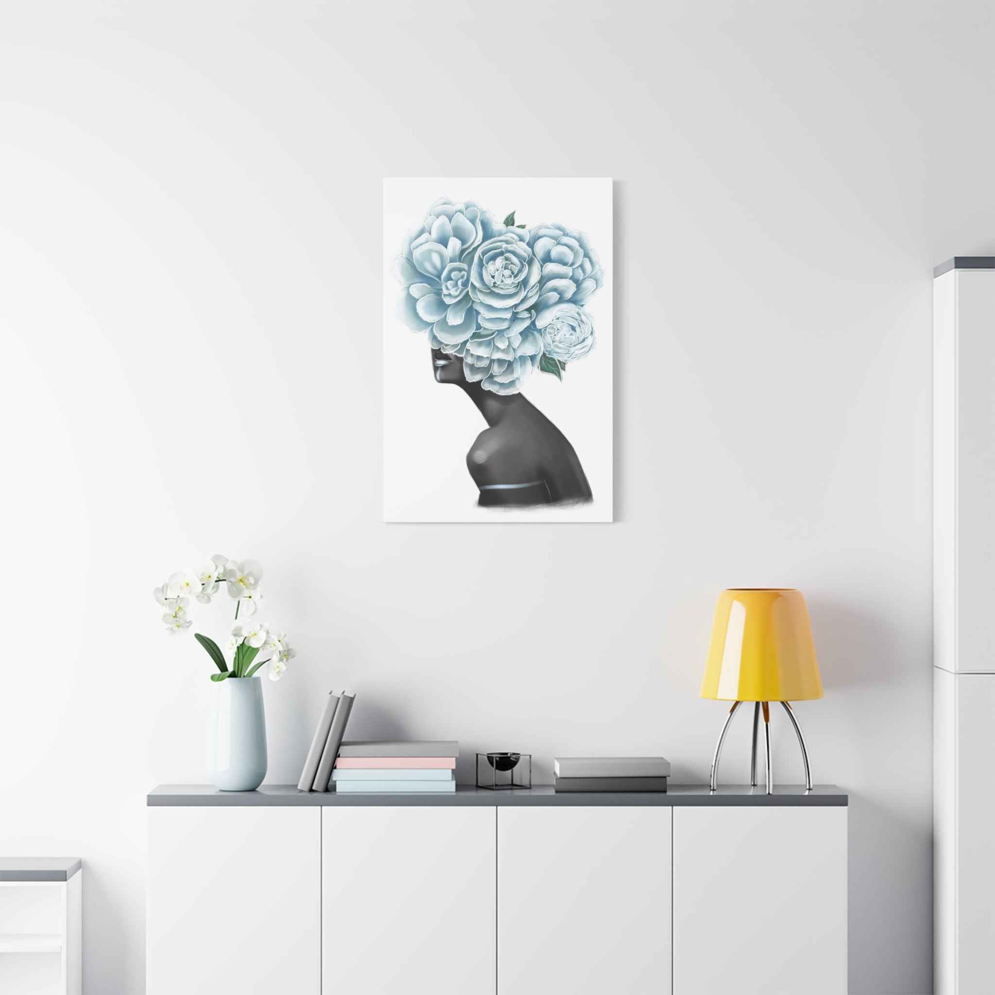 Blue Floral Woman Canvas Wall Art – Abstract Female Portrait