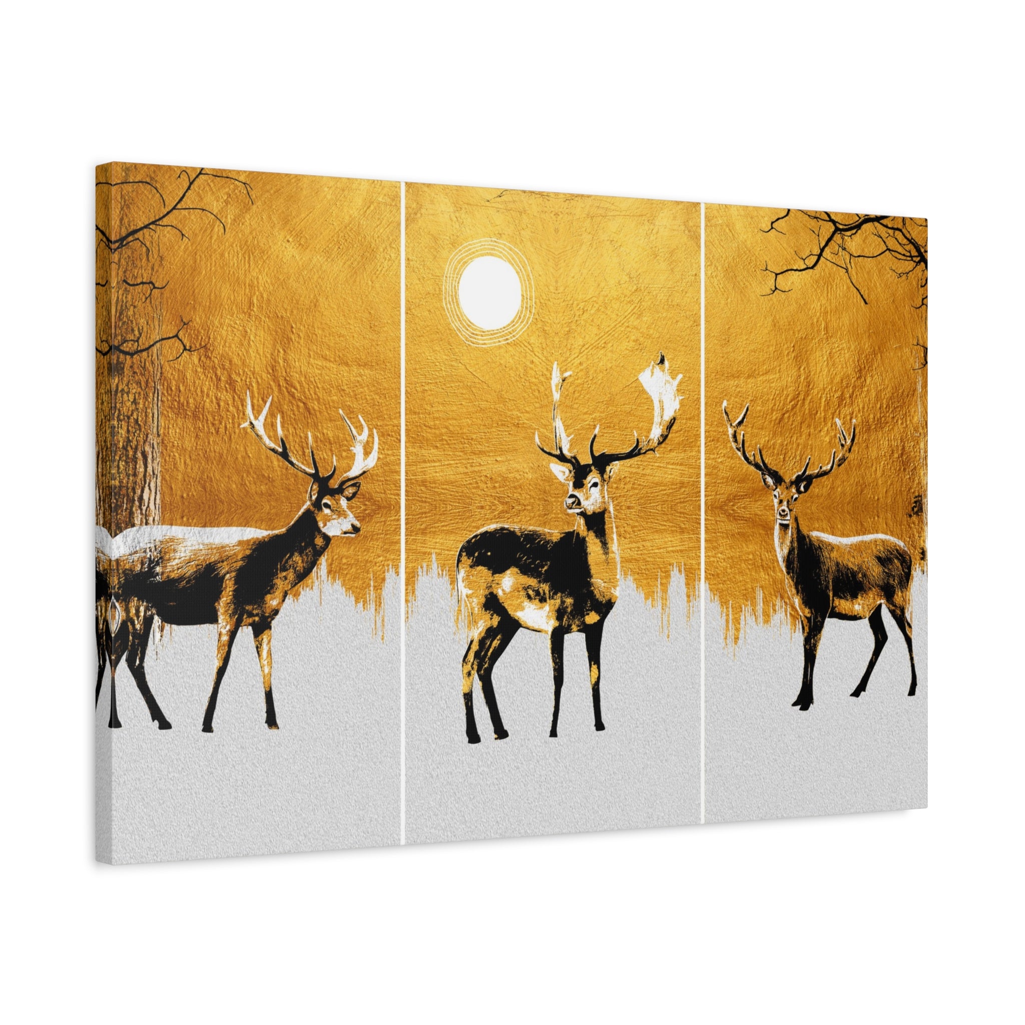 Golden Stag Triptych Canvas Wall Art — Matte Stretched Deer Print