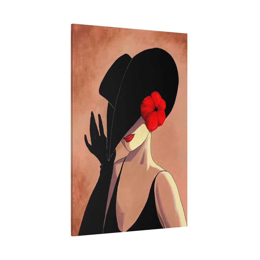 Elegant Lady with Black Hat Canvas Art — Red Flower Portrait 