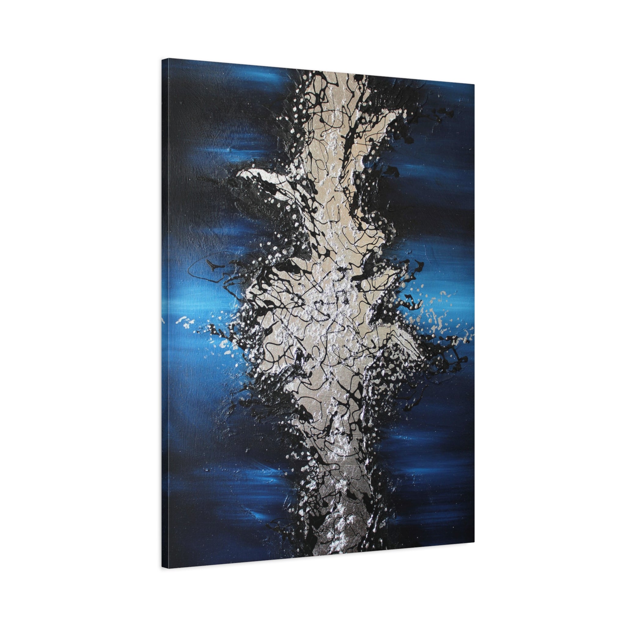 Abstract Oceanic Burst Canvas Print — Blue & Silver Matte Stretched Wall Art