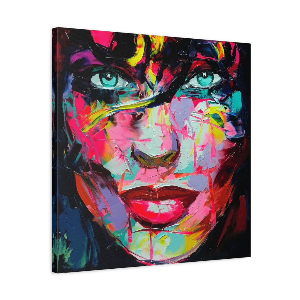 Colorful Abstract Portrait Canvas Print — Neon Female Face Matte Stretched Wall Art