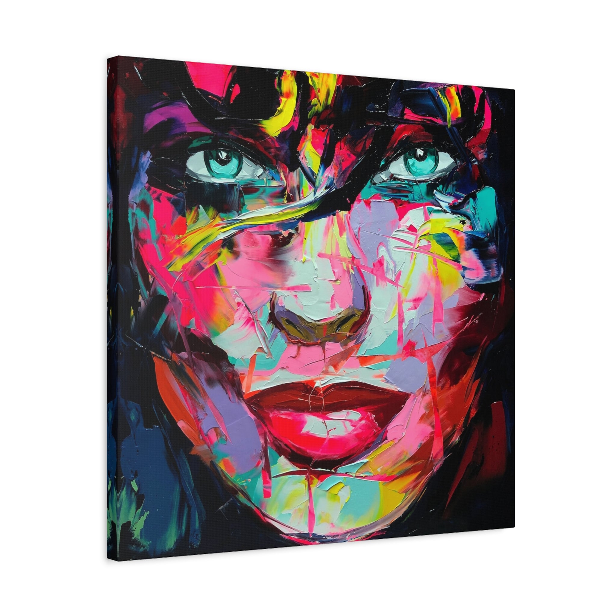 Colorful Abstract Portrait Canvas Print — Neon Female Face Matte Stretched Wall Art