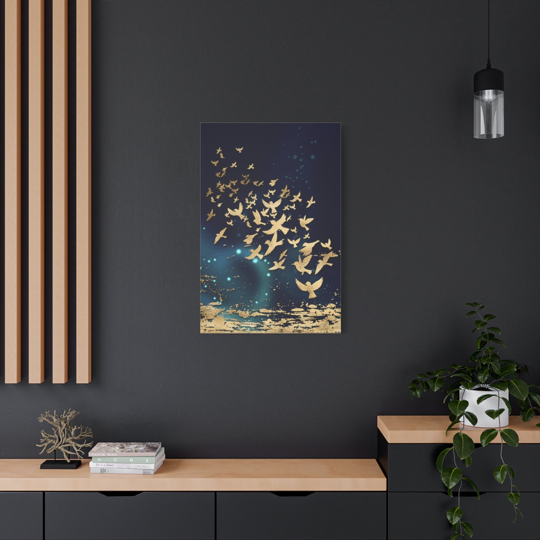 Gold Doves Canvas Print — Navy Matte Stretched Wall Art 