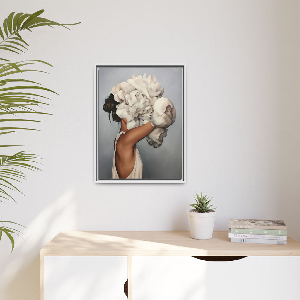 Framed Matte Canvas Art — Woman with Oversized White Peonies (Neutral Floral Wall Decor)