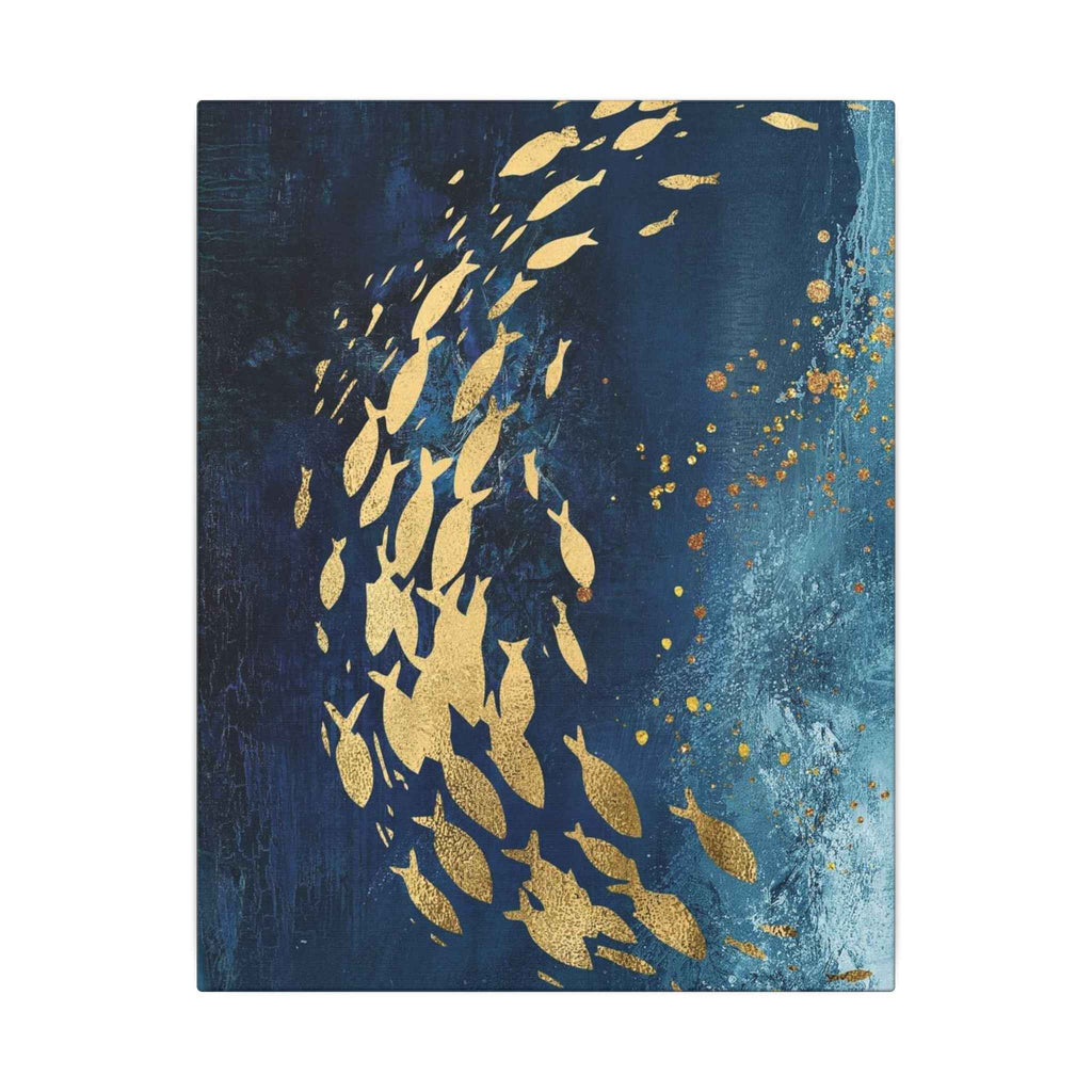 Abstract Gold Fish Wall Art - Navy Ocean Canvas Decor (Matte Stretched) - TheKaraHan
