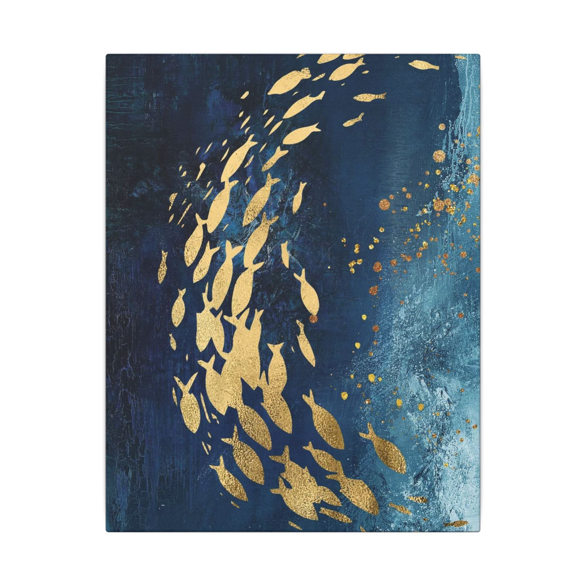 Abstract Gold Fish Canvas — Navy Ocean Wall Art (Matte Stretched) 