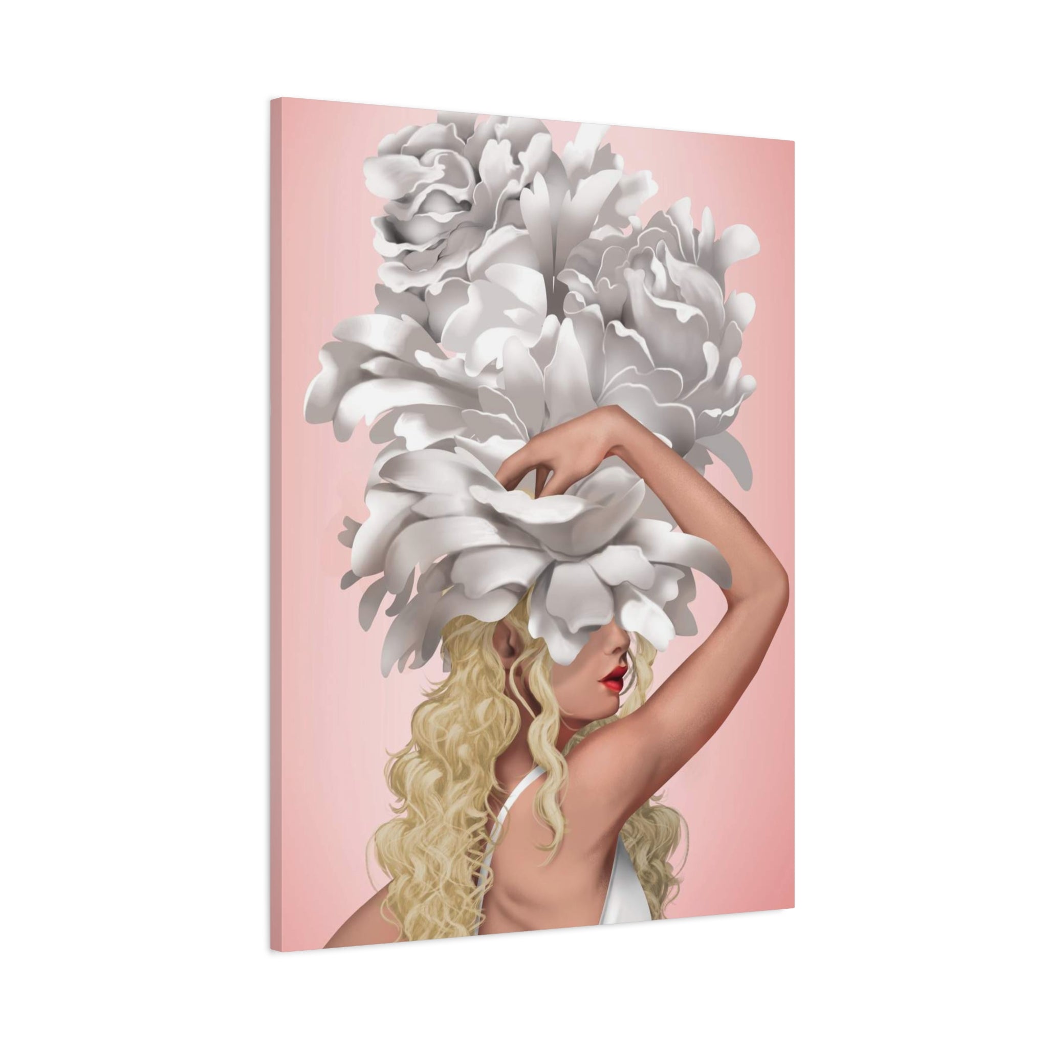 Blushing Muse Floral Canvas Print — Woman with Oversized White Peony Hat 