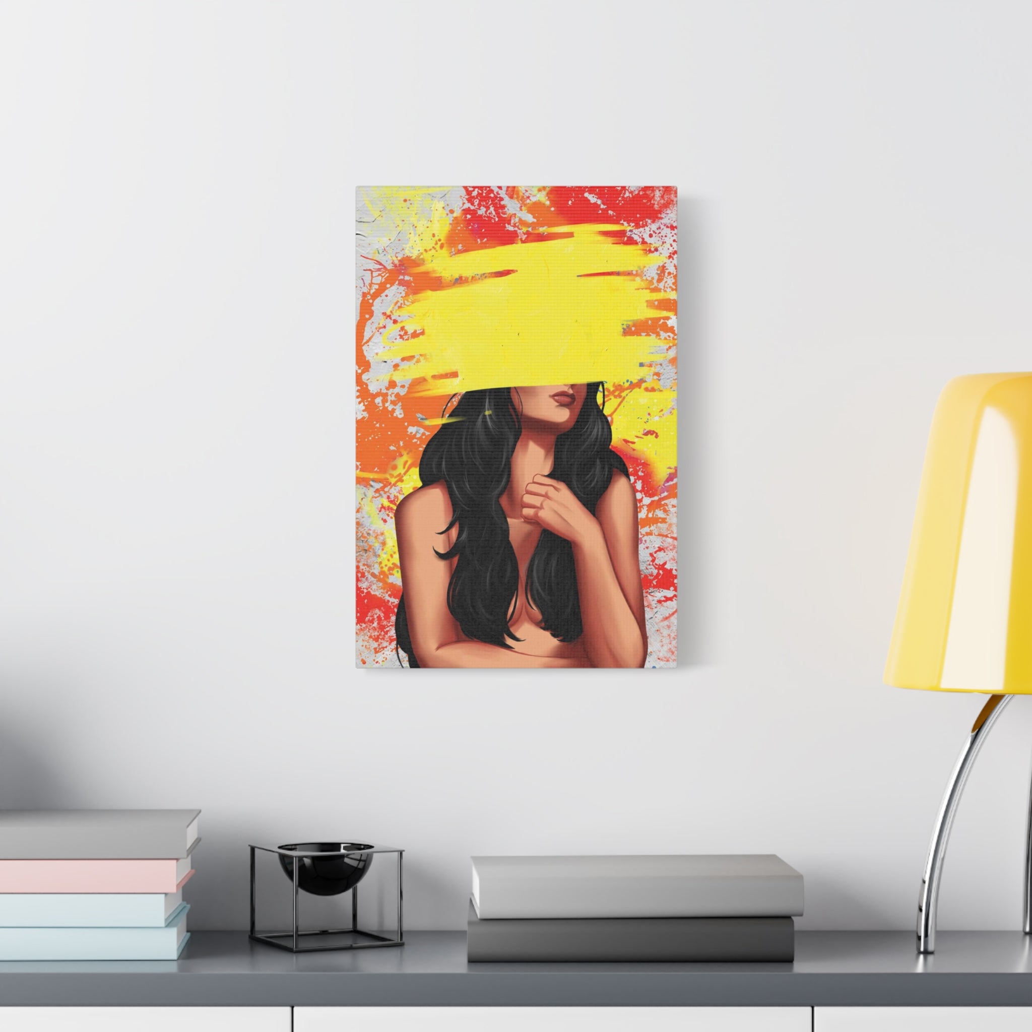 Abstract Femme Nude Canvas Art – Yellow Paint Stroke Portrait 