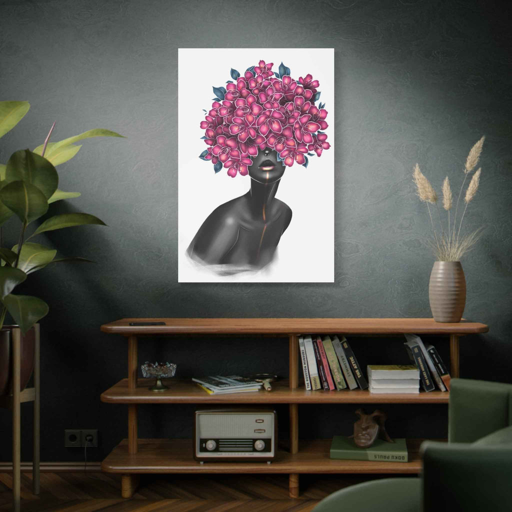 Pink Floral Woman Wall Art, Abstract Black Woman Portrait