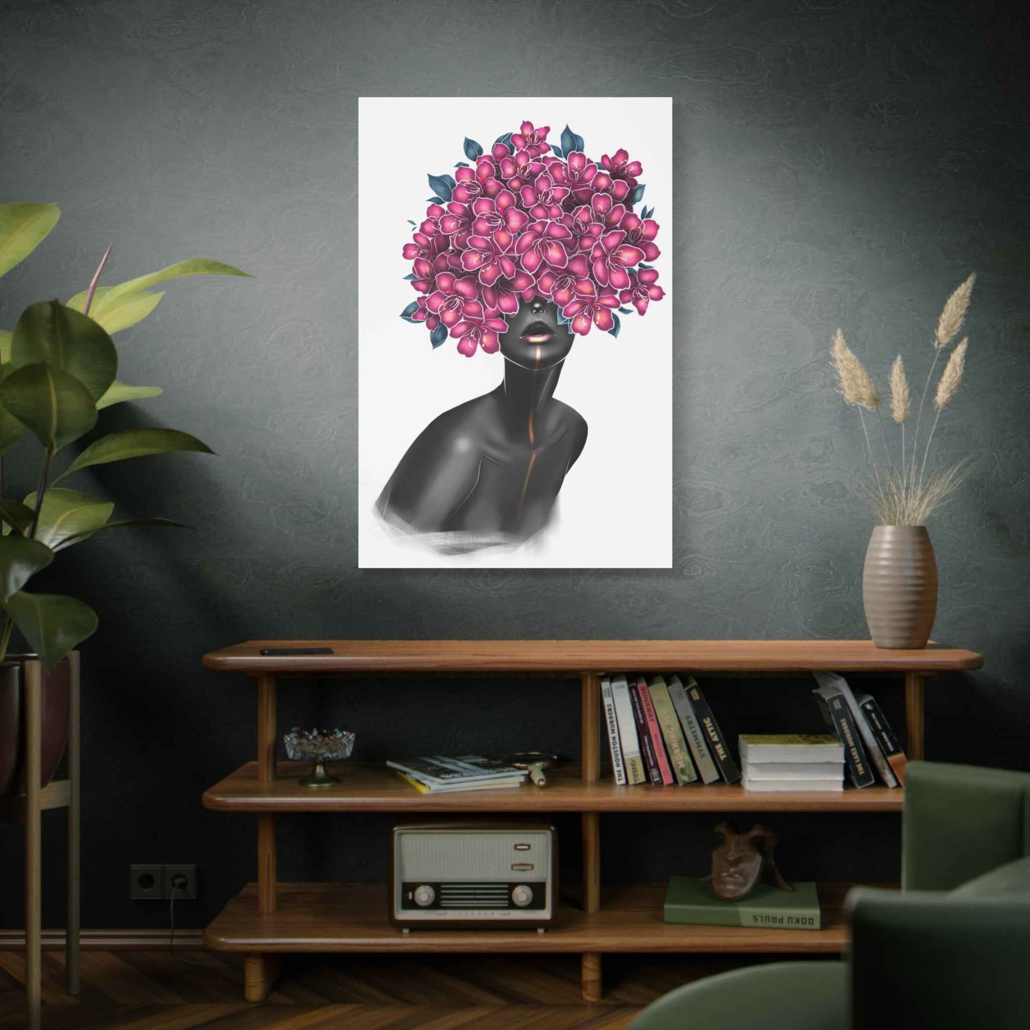 Pink Floral Woman Wall Art, Abstract Black Woman Portrait