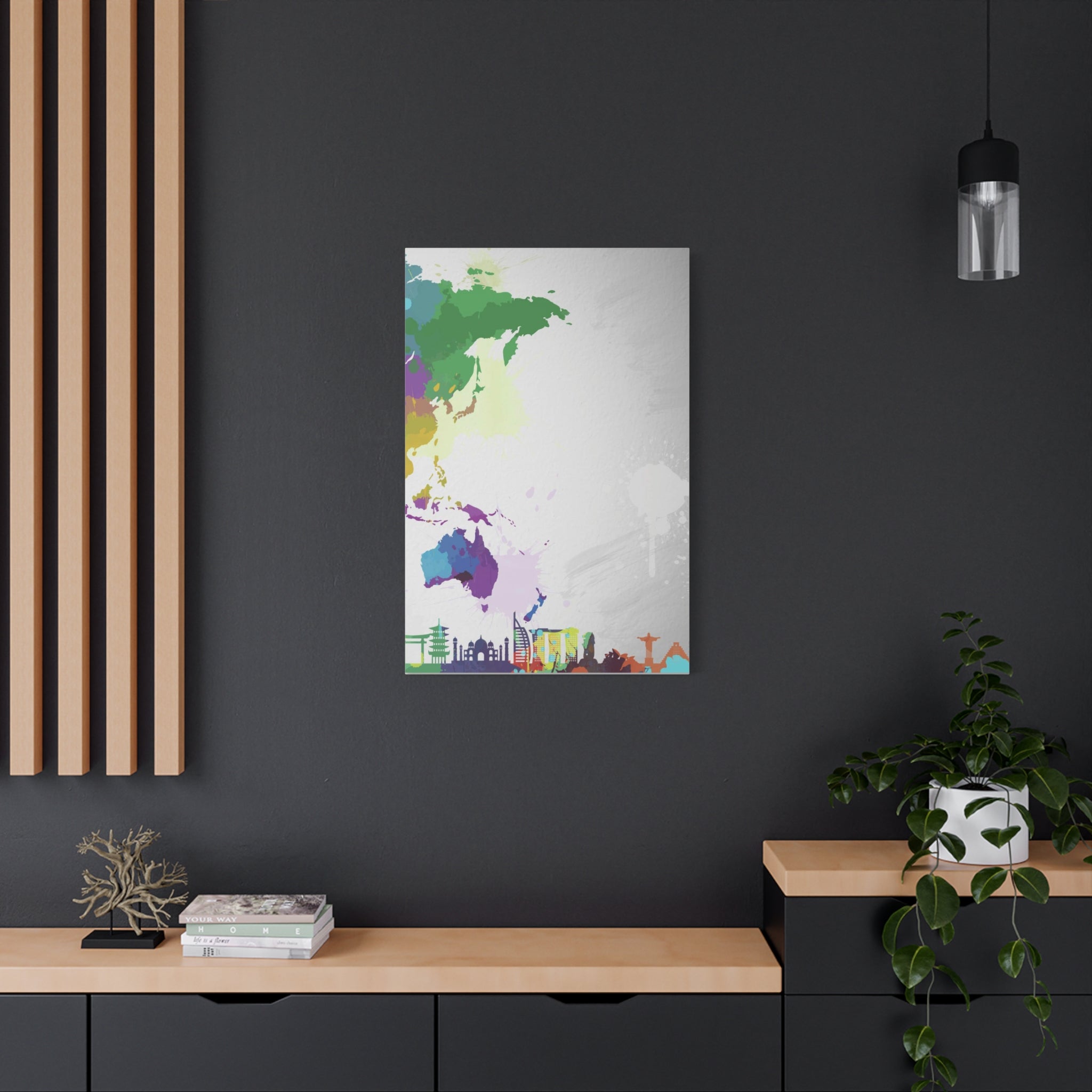 World Map Silhouette Canvas – Colorful Travel Skyline Wall Art