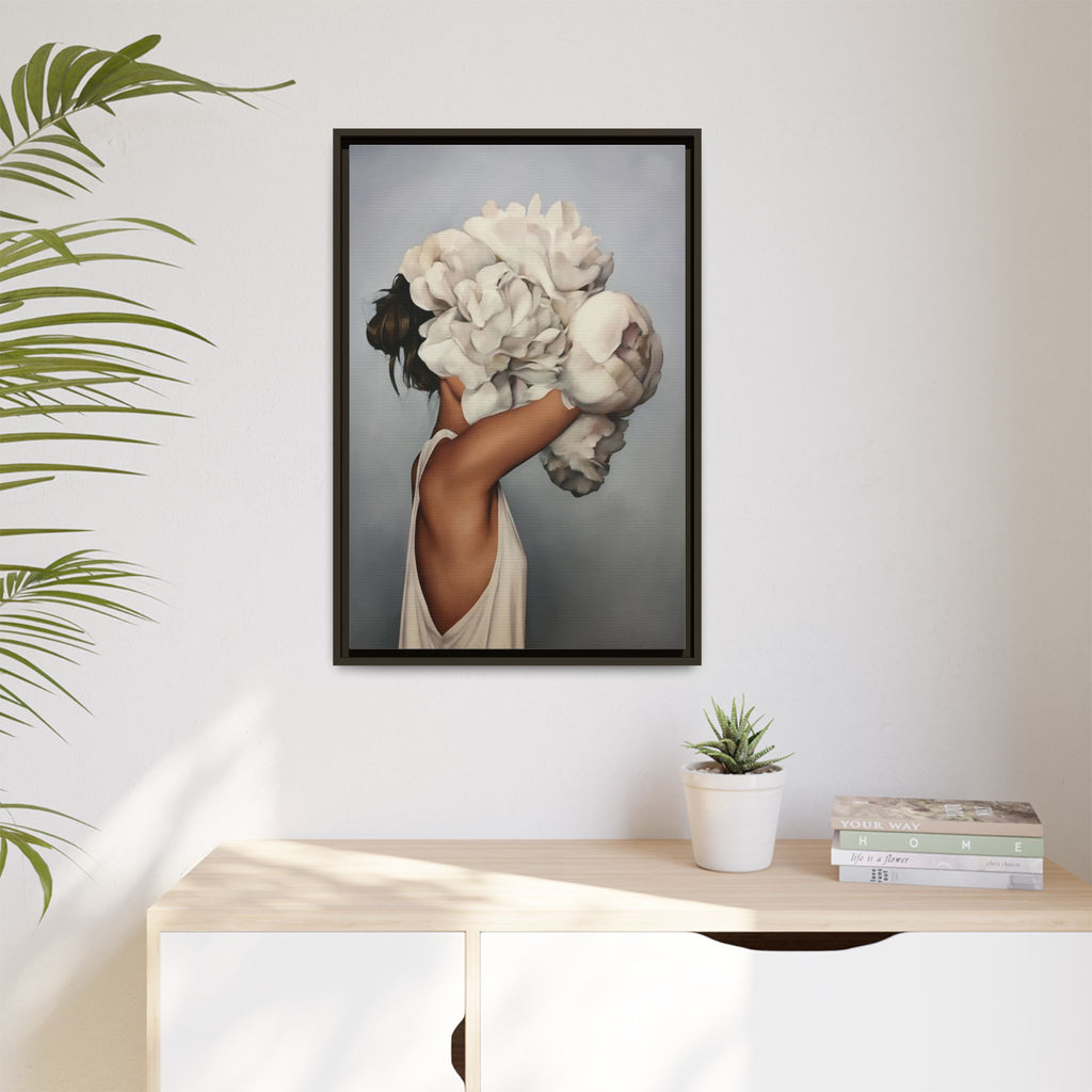 Framed Matte Canvas Art — Woman with Oversized White Peonies (Neutral Floral Wall Decor)