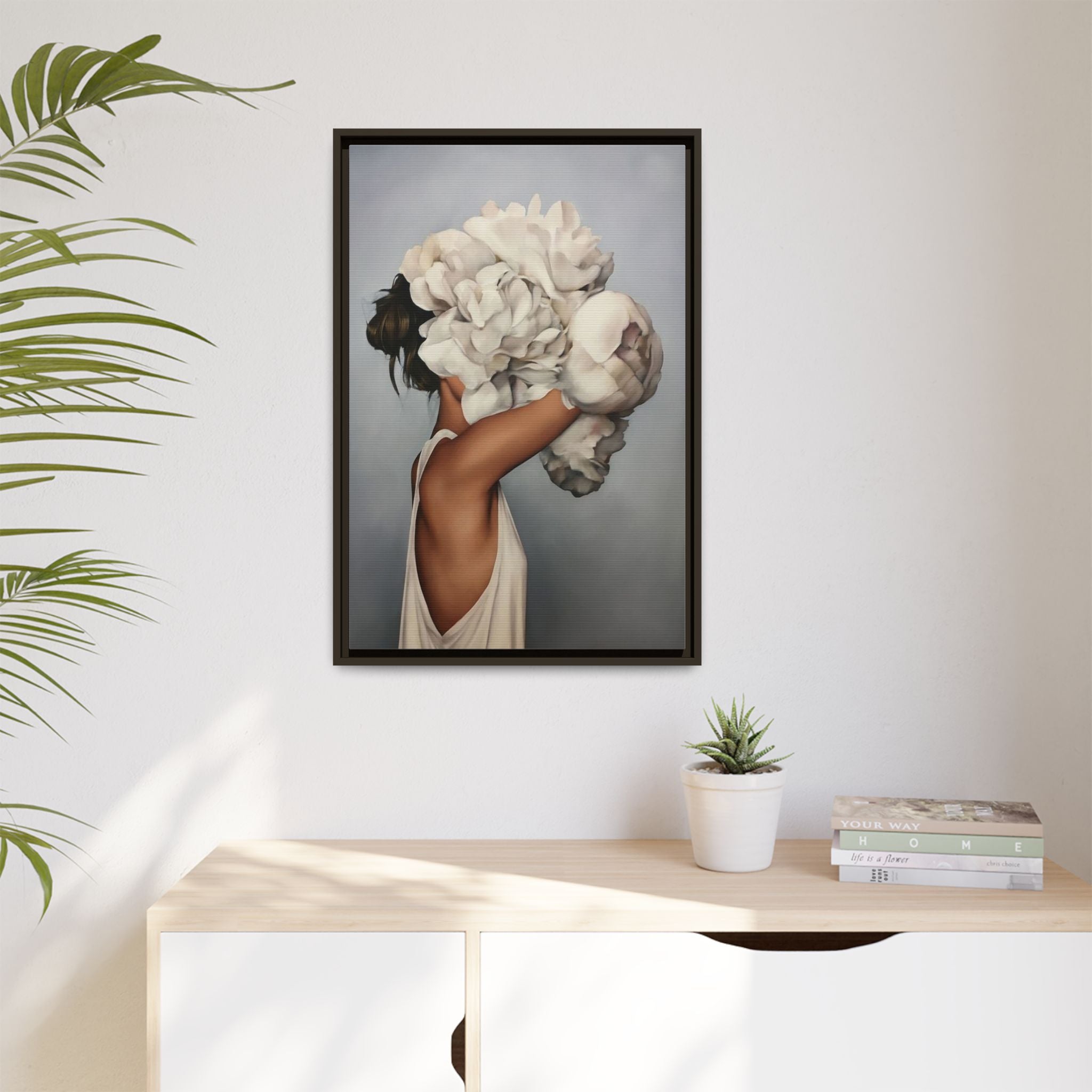 Framed Matte Canvas Art — Woman with Oversized White Peonies (Neutral Floral Wall Decor) 