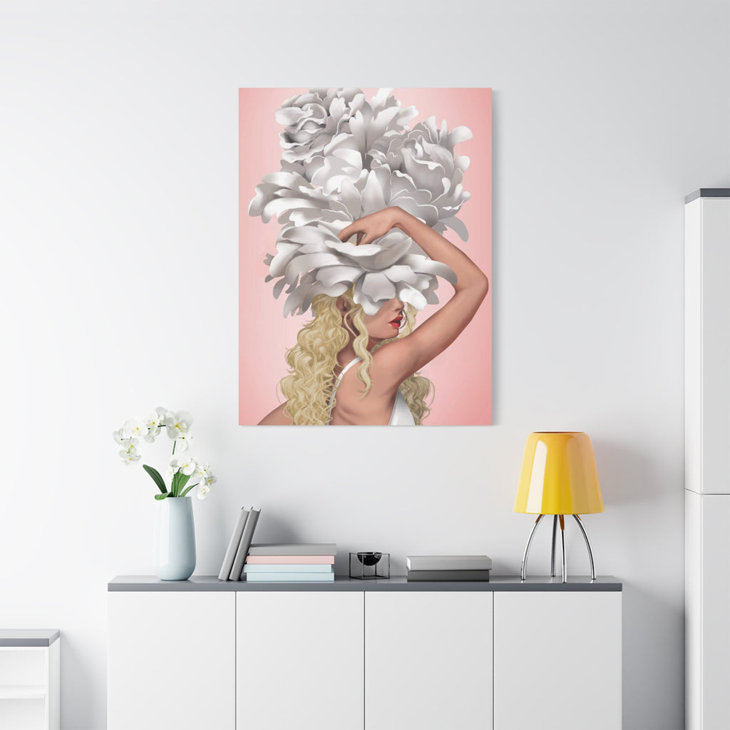 Blushing Muse Floral Canvas Print — Woman with Oversized White Peony Hat