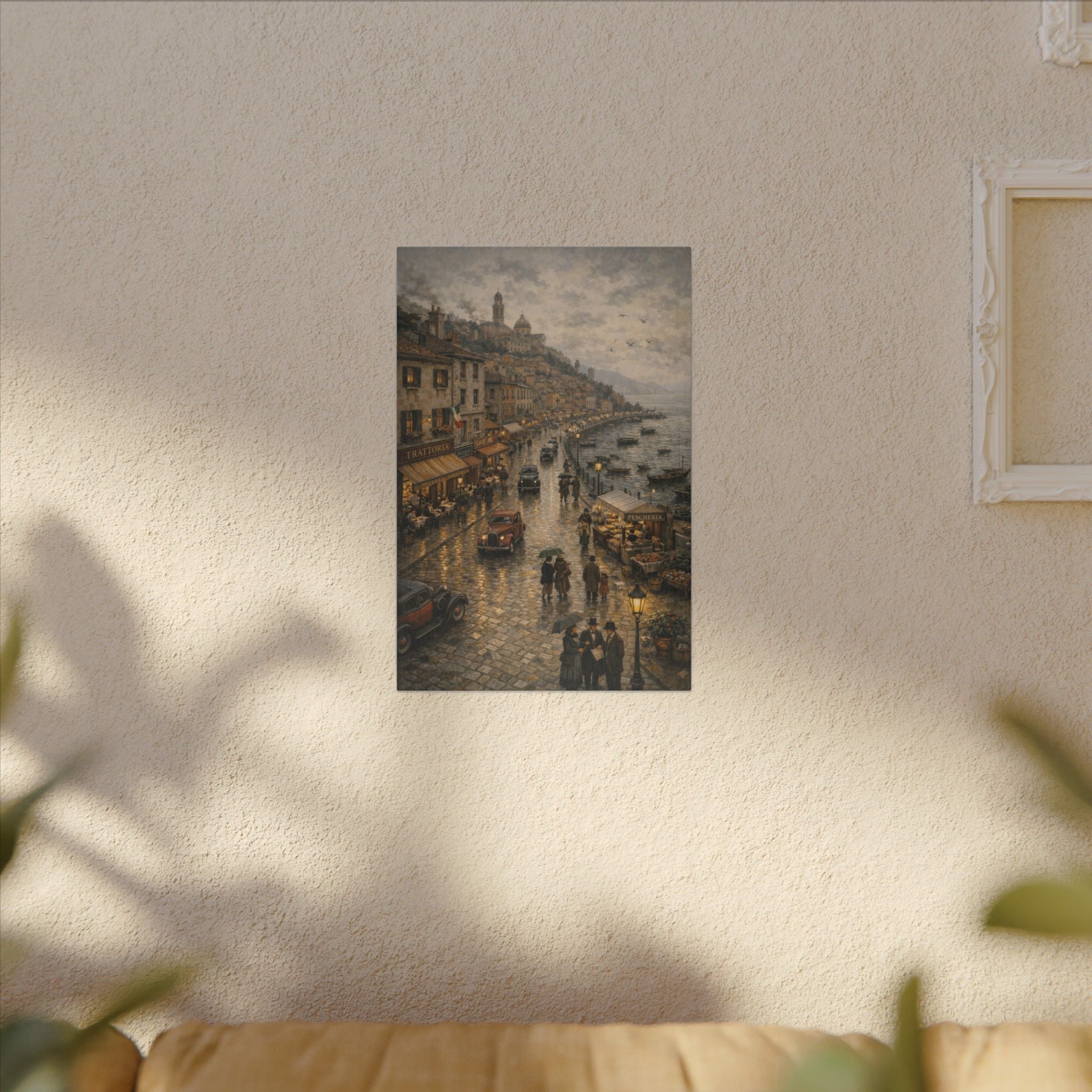 Vintage Coastal Street Matte Canvas Print — Rainy Harbor Evening Wall Art
