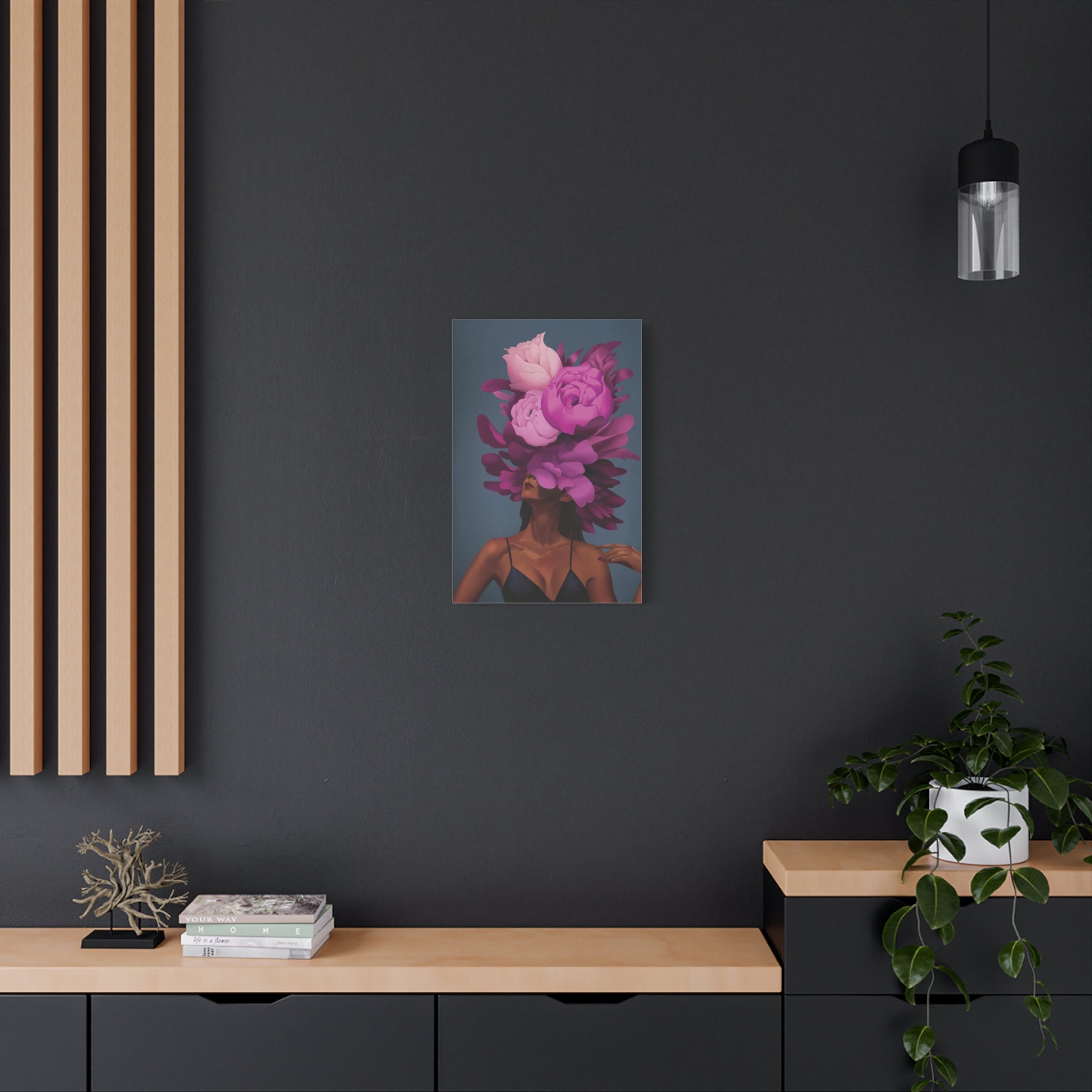 Floral Portrait Canvas Print — Woman with Oversized Pink Peony Hat (Matte Stretched) 