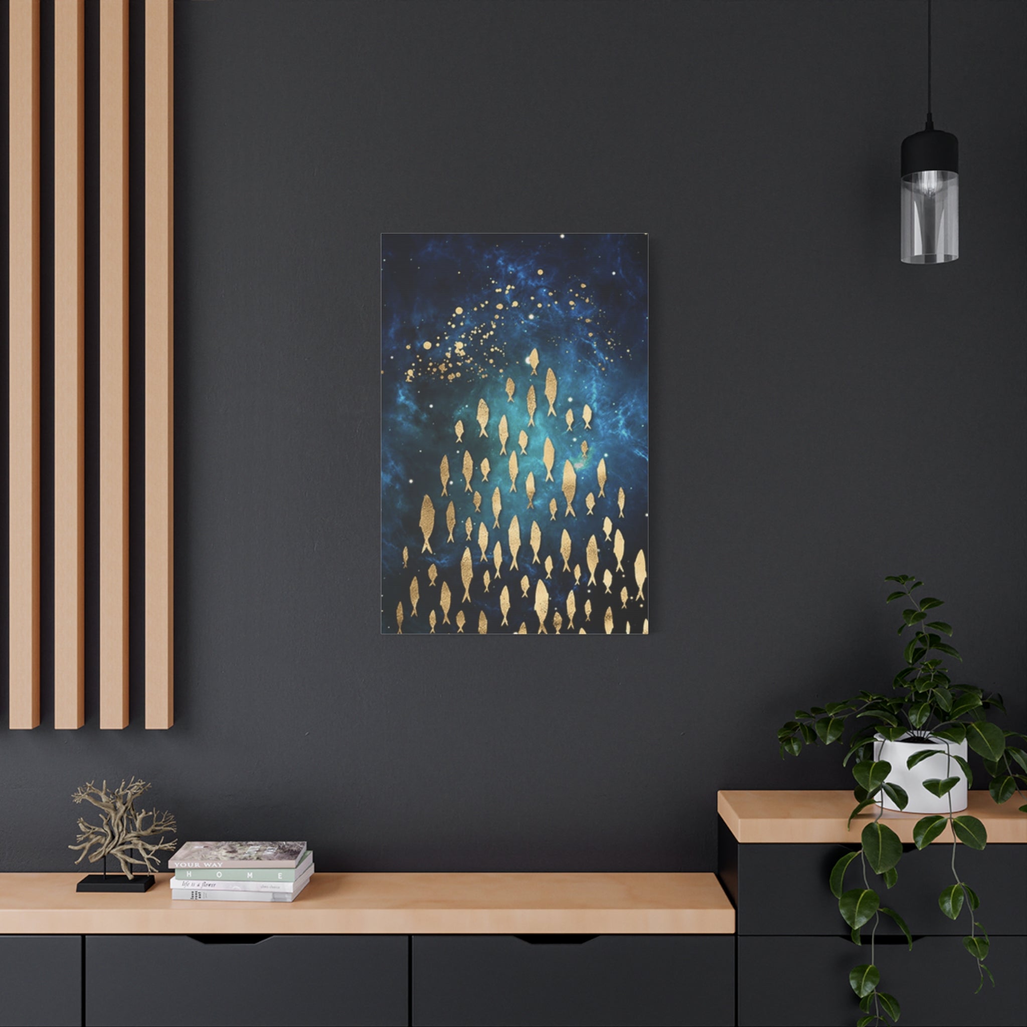 Gold Fish Galaxy Canvas Wall Art — Navy Blue Matte Stretched Canvas 