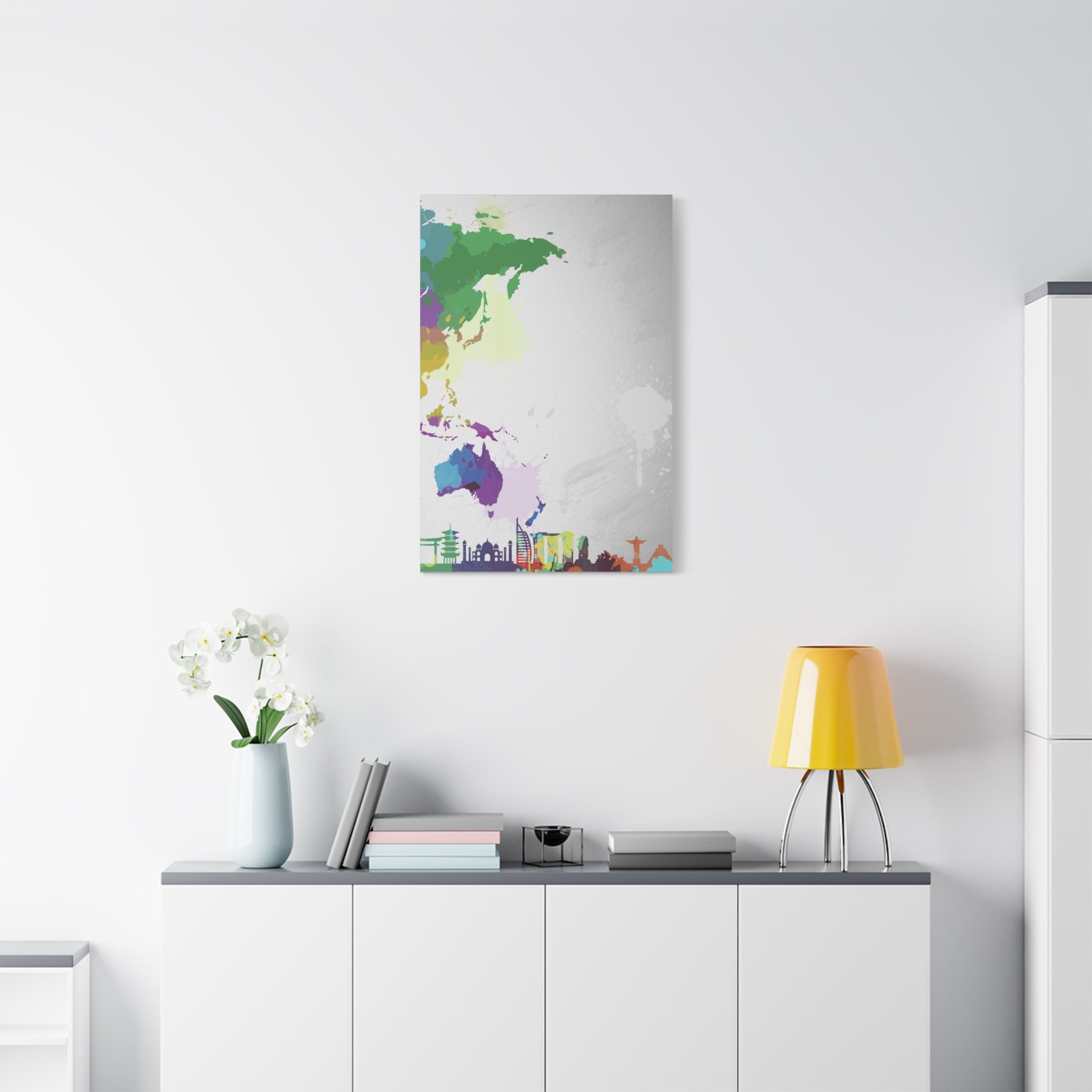 World Map Silhouette Canvas – Colorful Travel Skyline Wall Art