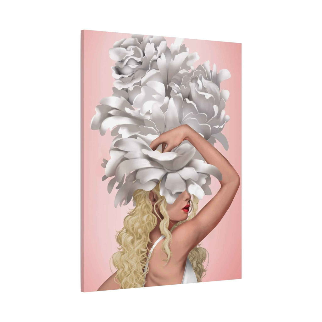 Blushing Muse Floral Canvas Print featuring Woman in Oversized White Peony Hat - TheKaraHan