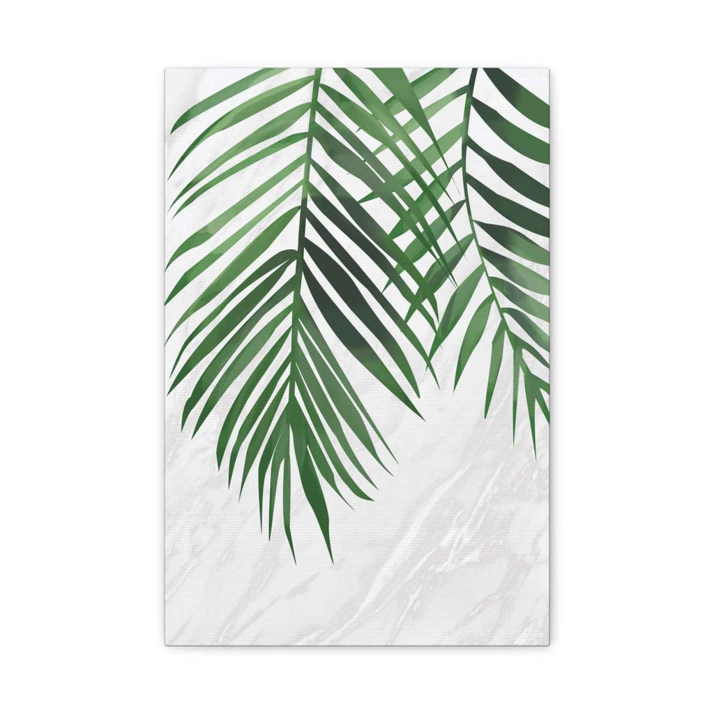 Tropical Palm Leaf Wall Art - Green Palm Fronds on Marble Matte Canvas - TheKaraHan