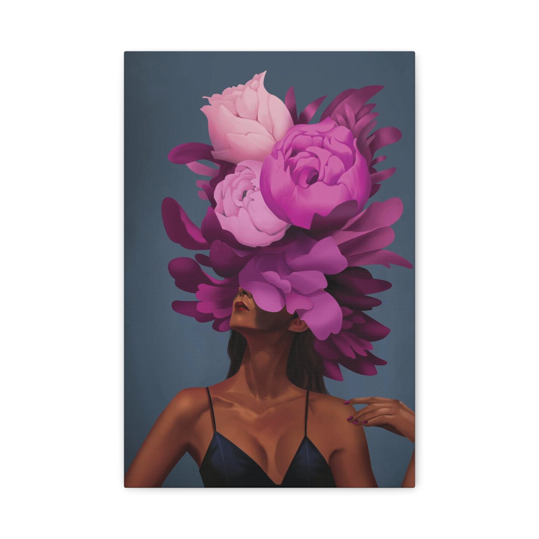 Floral Portrait Canvas Print — Woman with Oversized Pink Peony Hat (Matte Stretched) 