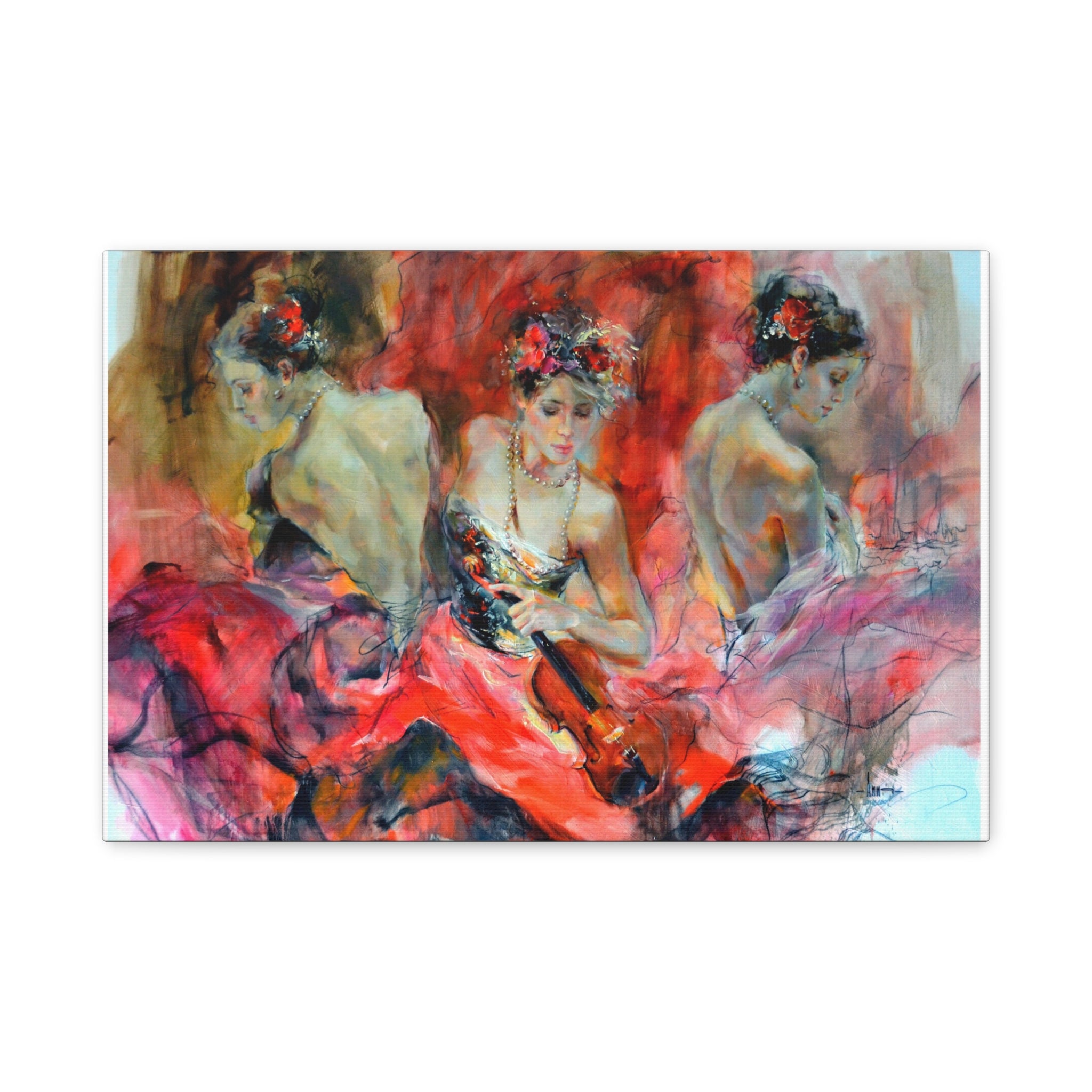 Flamenco Dancers Matte Canvas Wall Art — Vibrant Red Ballet Trio Painting 