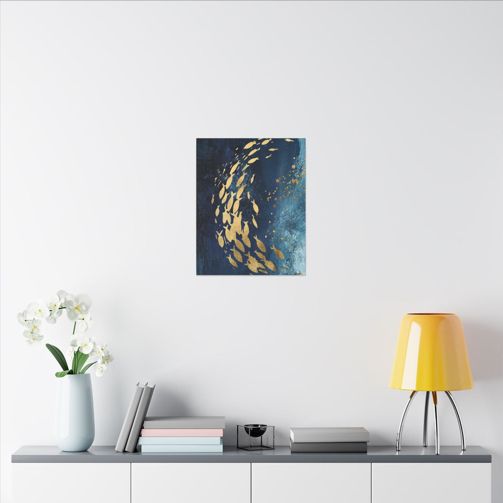 Abstract Gold Fish Canvas — Navy Ocean Wall Art (Matte Stretched)