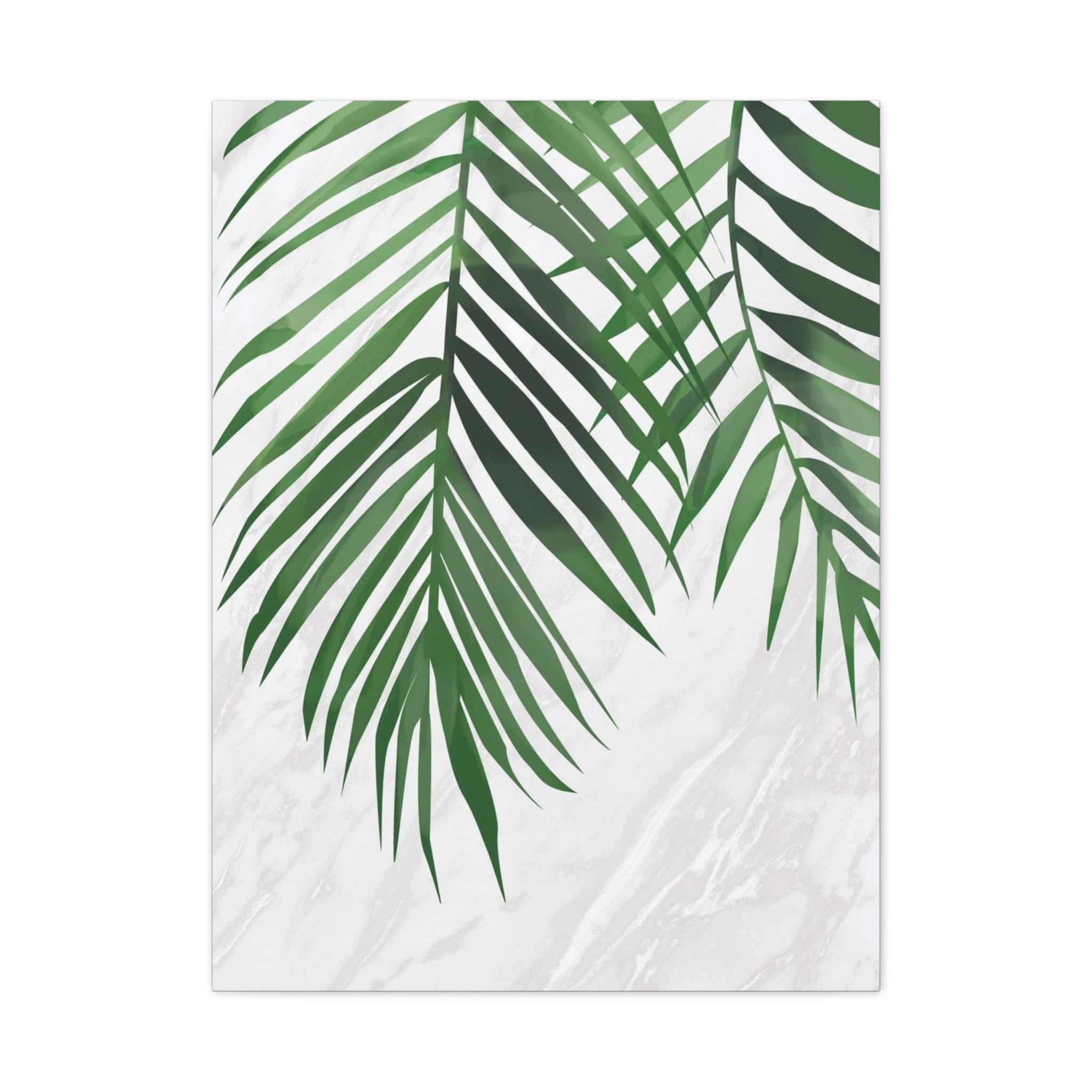 Tropical Palm Leaf Canvas Wall Art — Green Palm Fronds on Marble Matte Canvas 