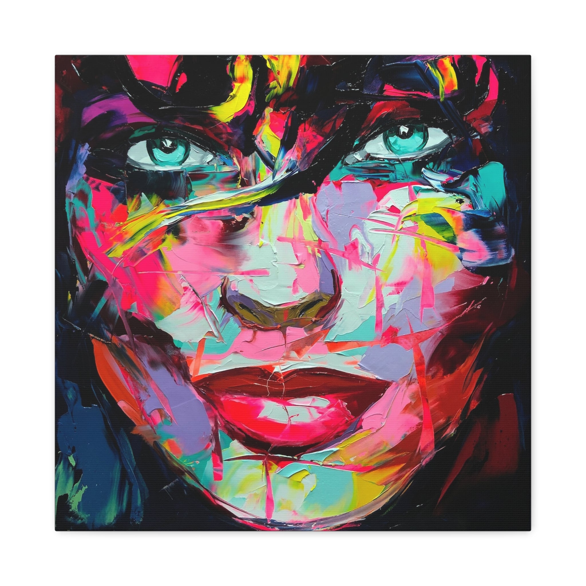 Colorful Abstract Portrait Canvas Print — Neon Female Face Matte Stretched Wall Art 