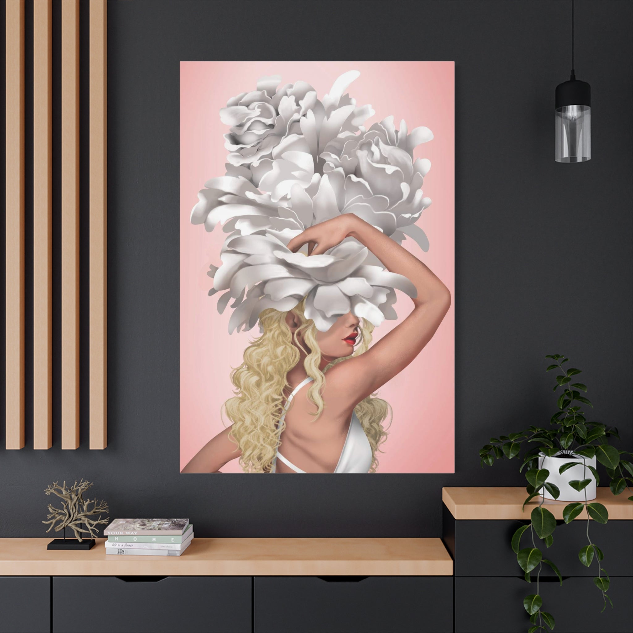 Blushing Muse Floral Canvas Print — Woman with Oversized White Peony Hat