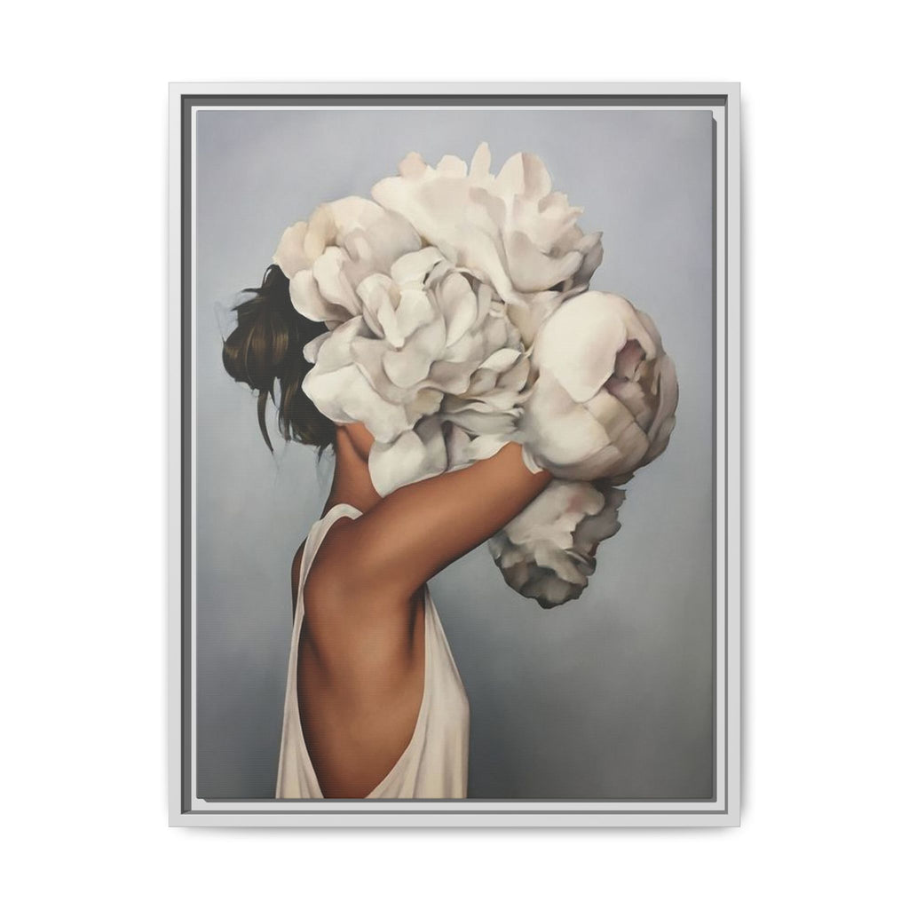 Framed Matte Canvas Art — Woman with Oversized White Peonies (Neutral Floral Wall Decor)