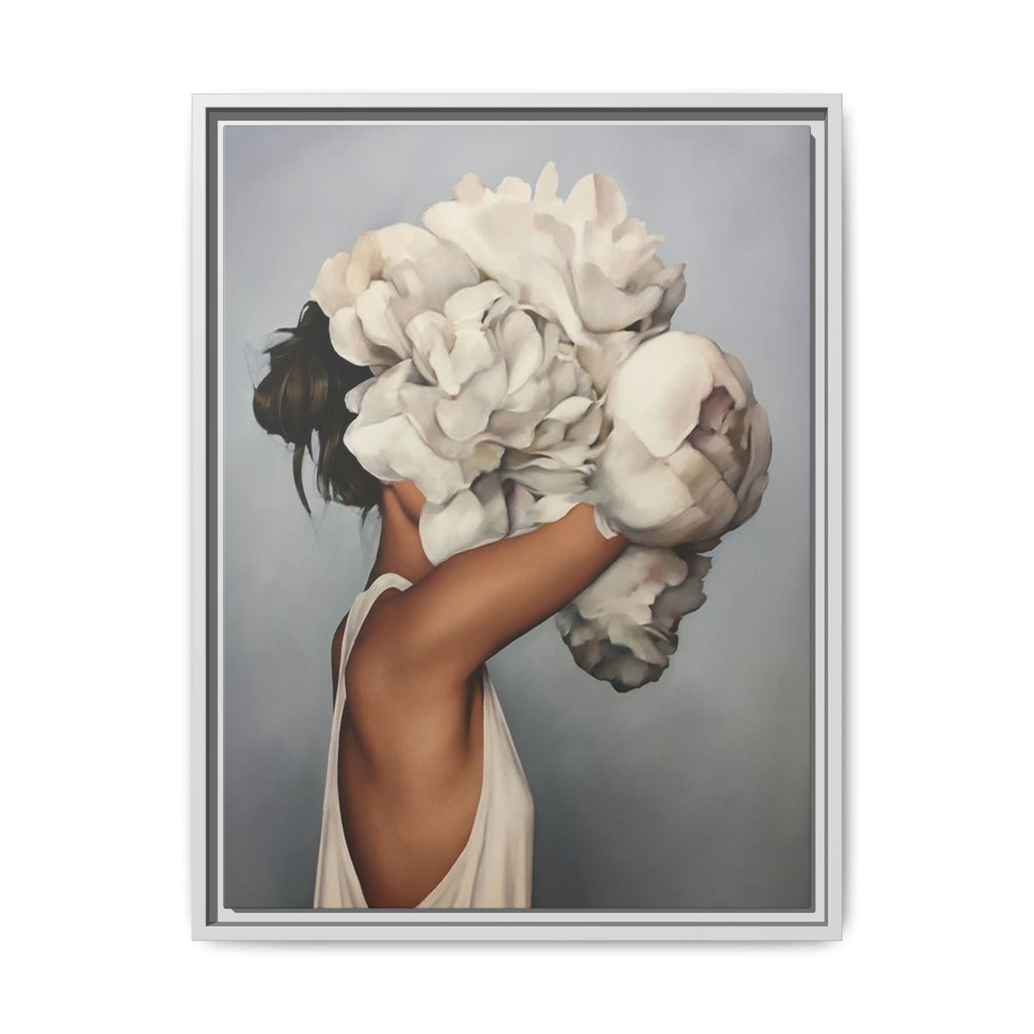 Framed Matte Canvas Art — Woman with Oversized White Peonies (Neutral Floral Wall Decor)