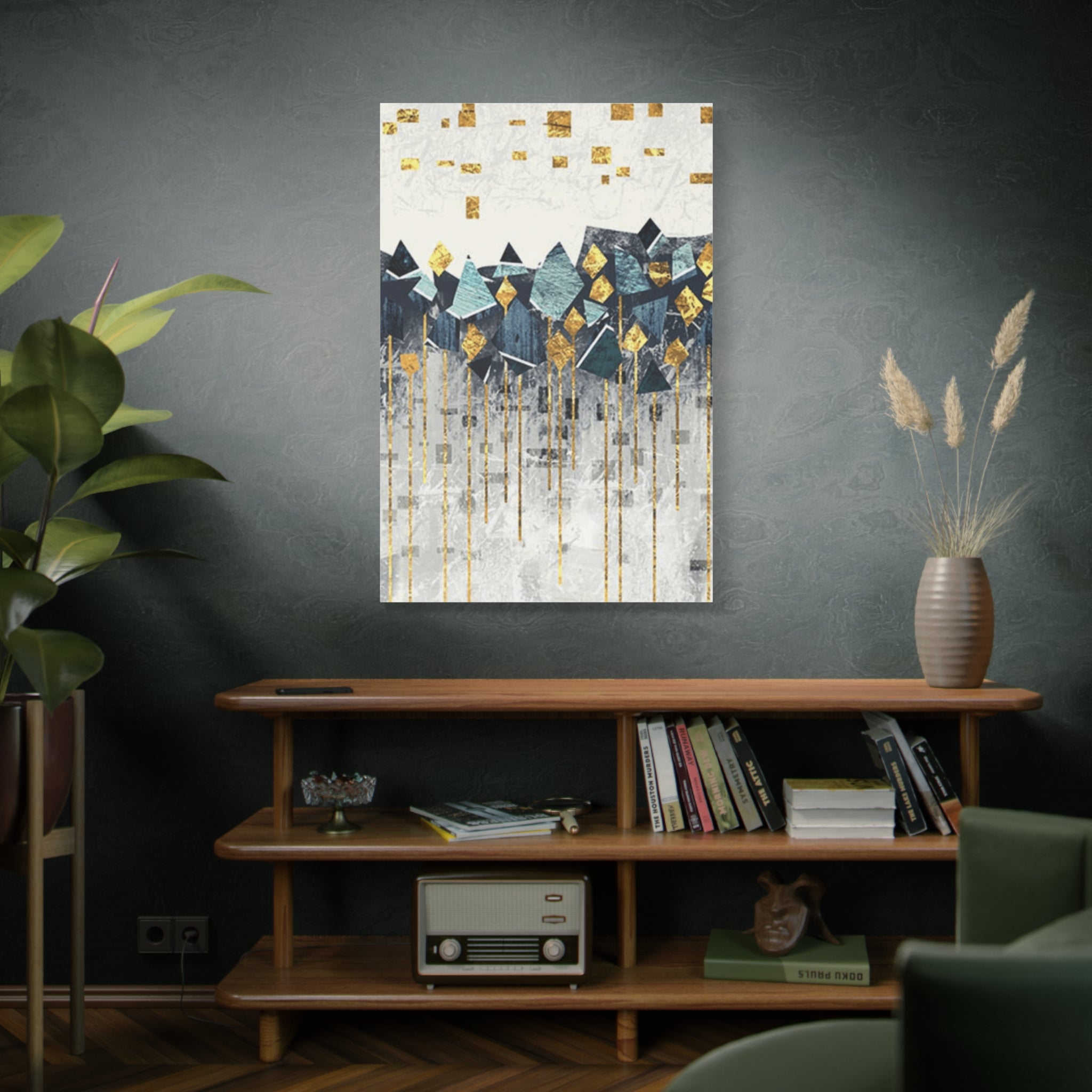 Abstract Geometric Gold & Teal Canvas Wall Art — Stretched Matte Print 