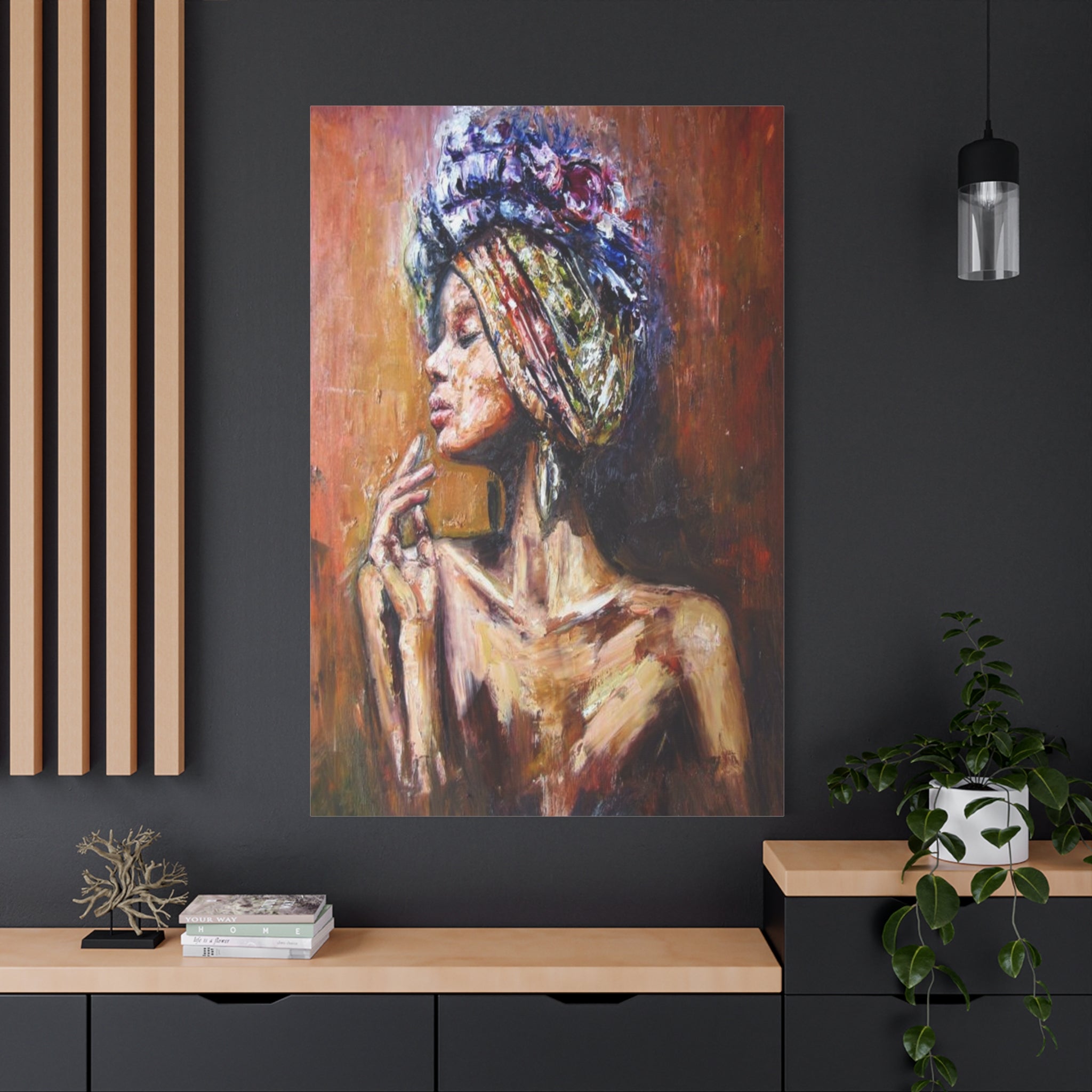 African Queen Portrait Matte Canvas Print — Colorful Textured Headwrap Wall Art