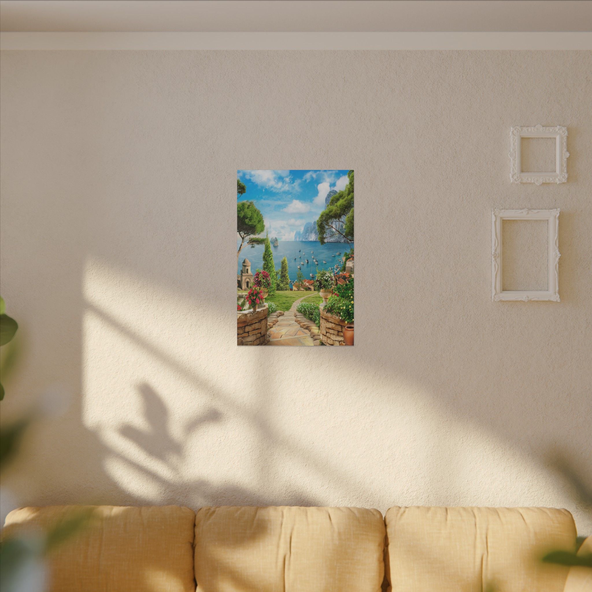 Canvas Wall Art - Mediterranean Seaside Pathway Painting (Matte Stretched Canvas)